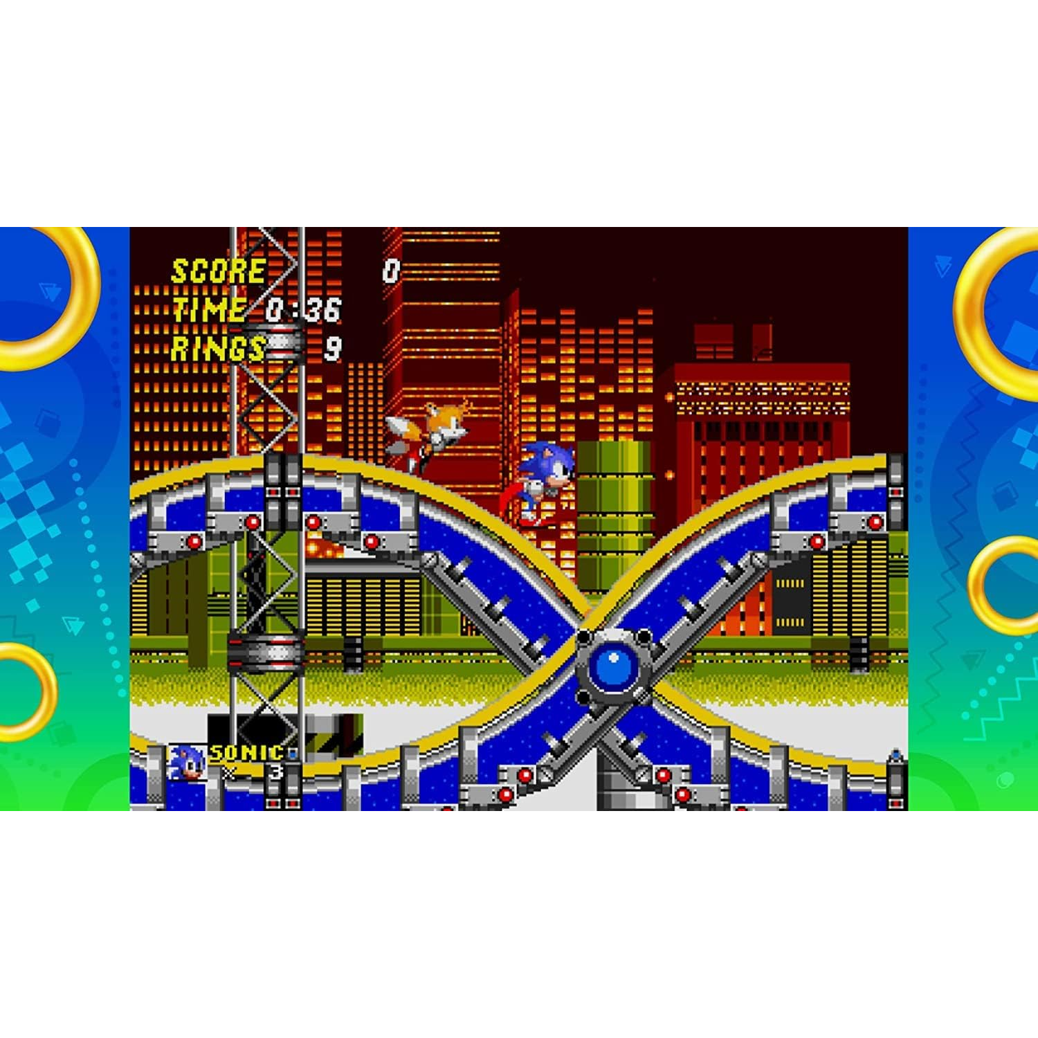 Sonic en Tails rennen op een metalen structuur met een stadse skyline op de achtergrond.