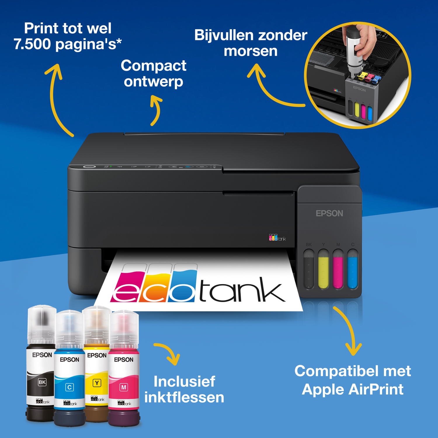 Zwarte Epson EcoTank printer met inktflessen en functies.