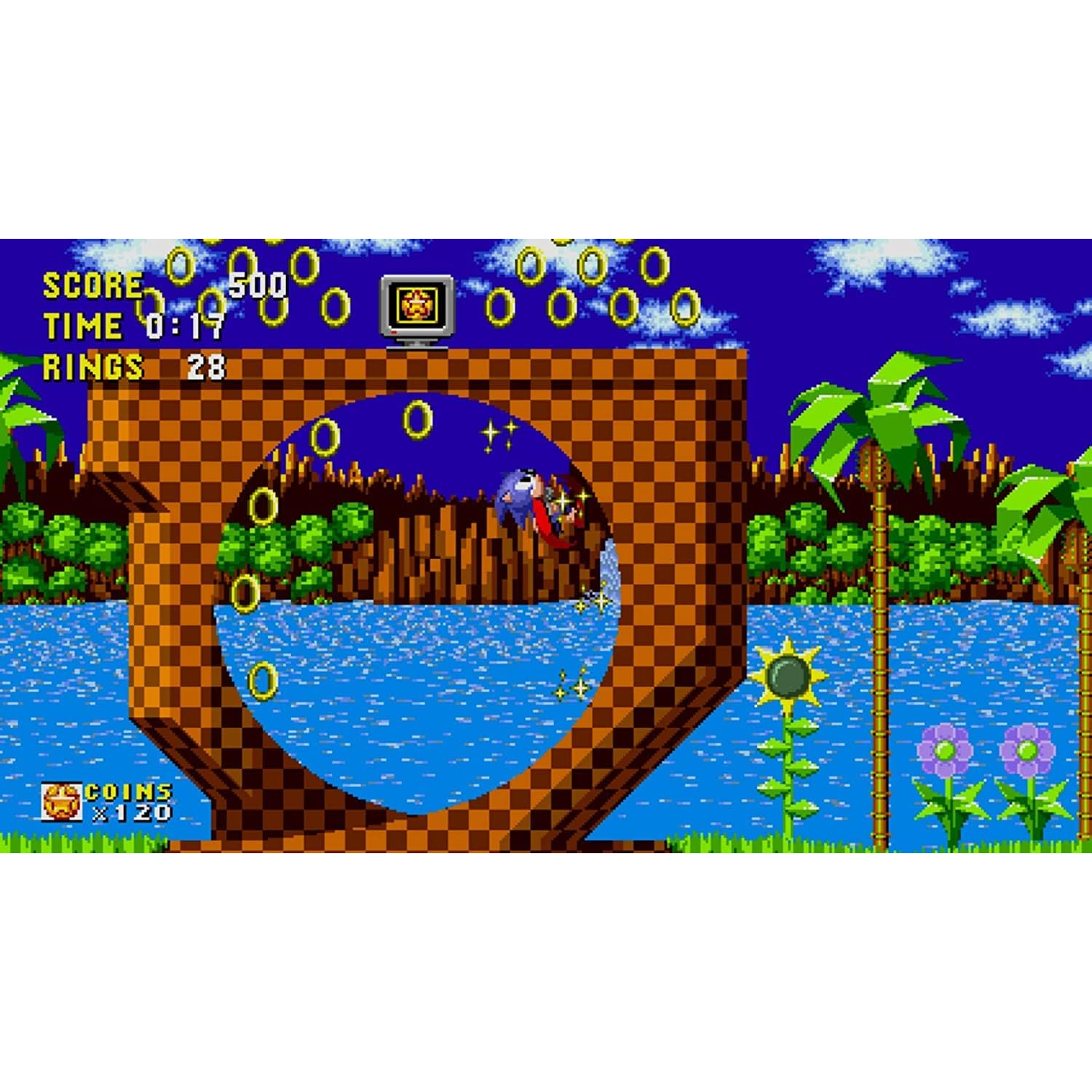 Sonic racet door een lus boven water, met score en palmen op de achtergrond.