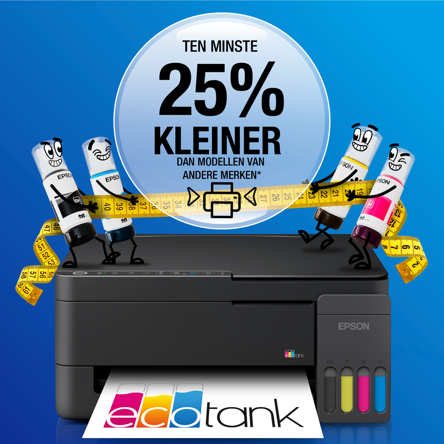 Een Epson EcoTank printer met cartoon inktflessen die een meetlint vasthouden.