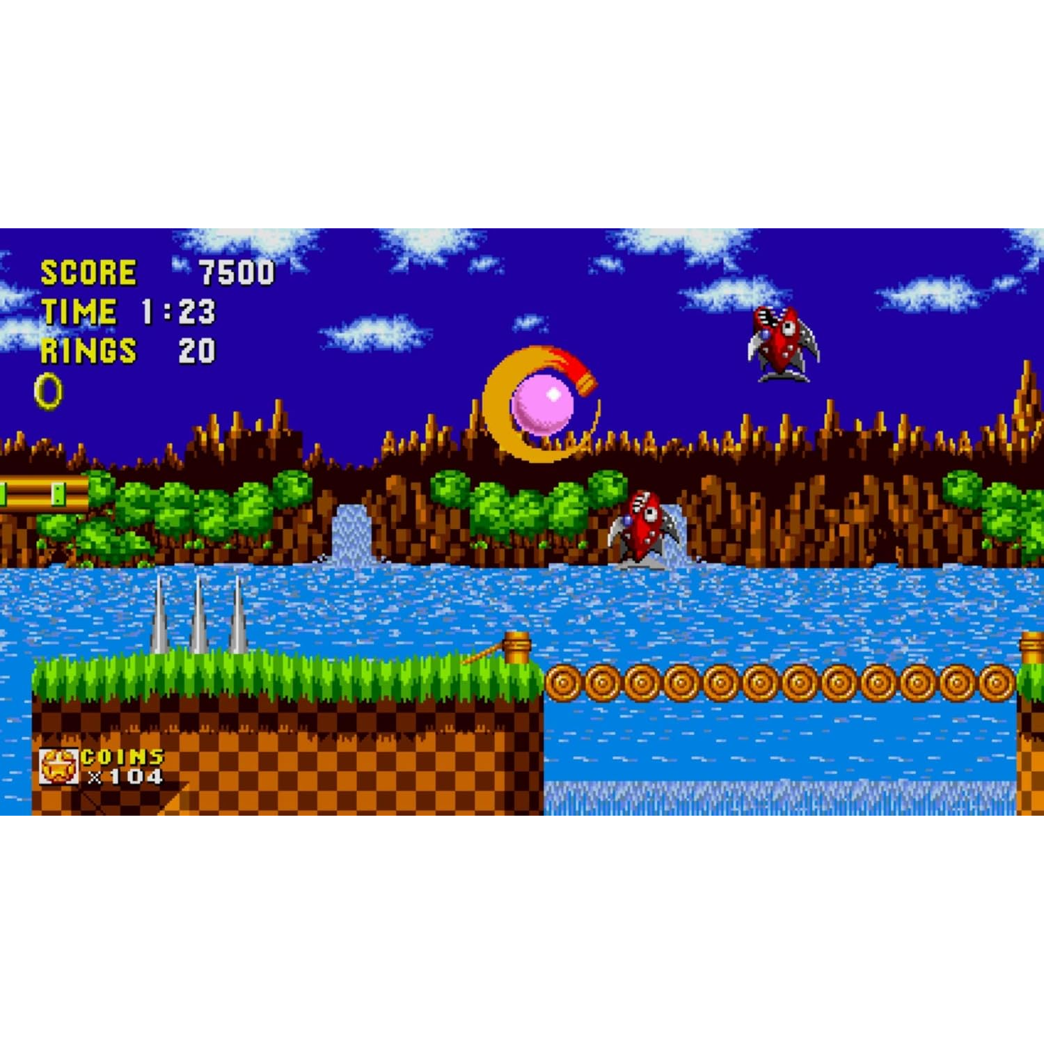 Sonic spel schermontwerp met waterval, vijanden en ring bonus.