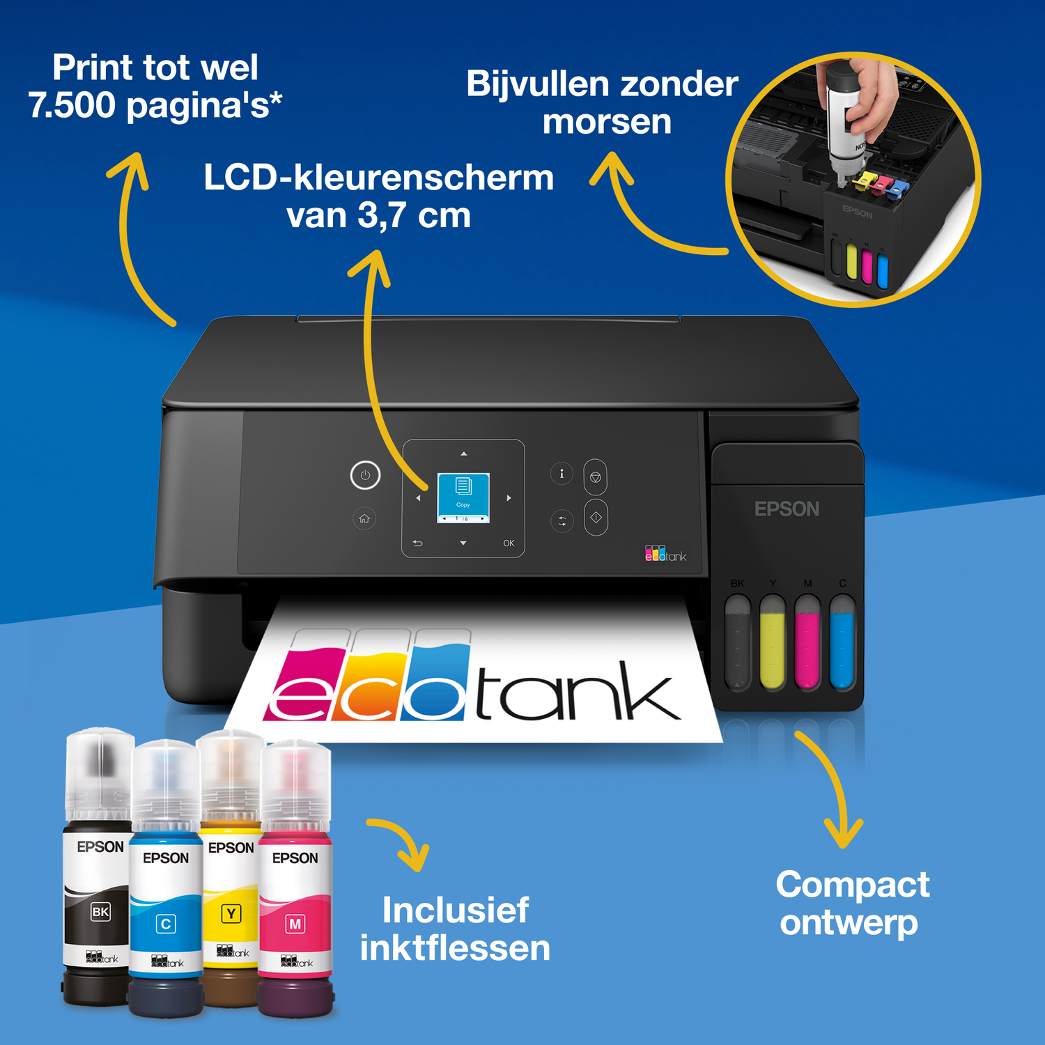 Een Epson EcoTank printer met inktflessen, LCD-scherm en hoge paginawaarde.