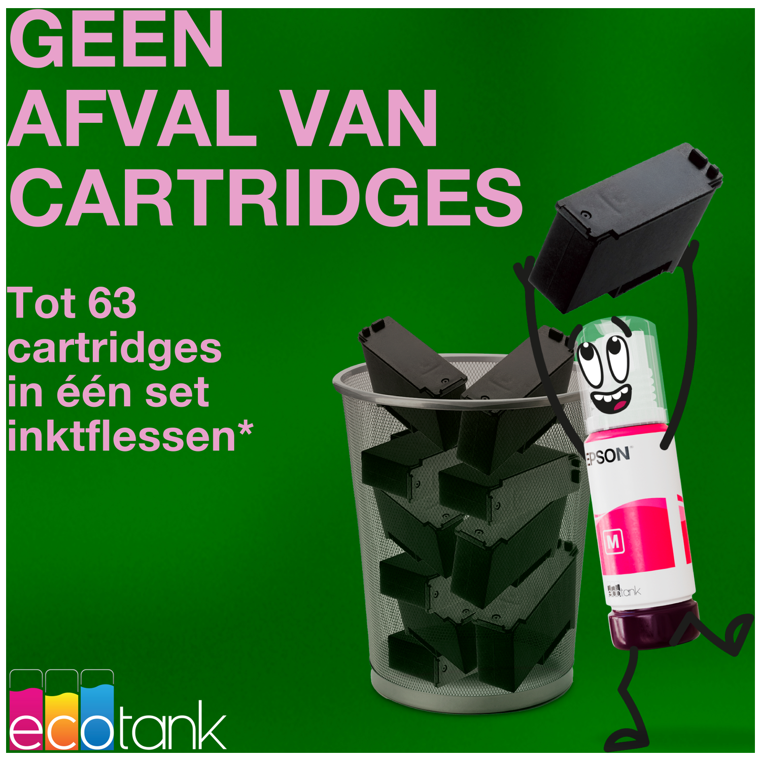 Geen afval van cartridges. Een cartoon inktfles gooit cartridges in een prullenbak.