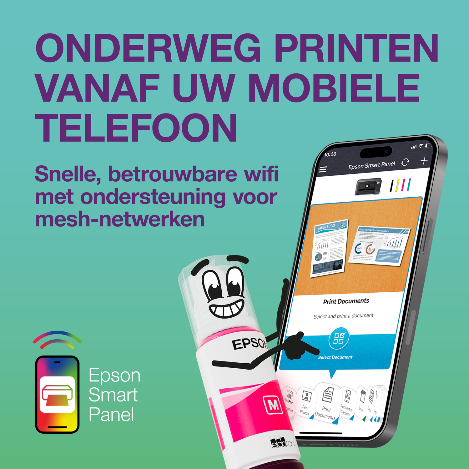 Een smartphone toont de Epson Smart Panel app, naast een inktfles met gezicht.