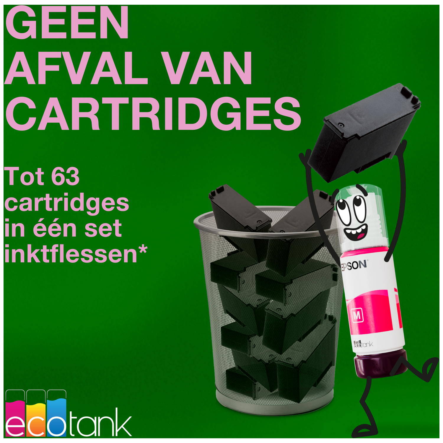 Geen cartridge afval. Een Epson Ecotank met inkt gooit cartridges in een bak.