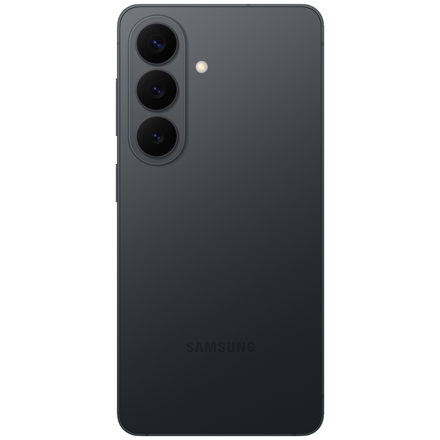 Donkergrijs Samsung-smartphone met drie camera's en flitser aan de achterkant.