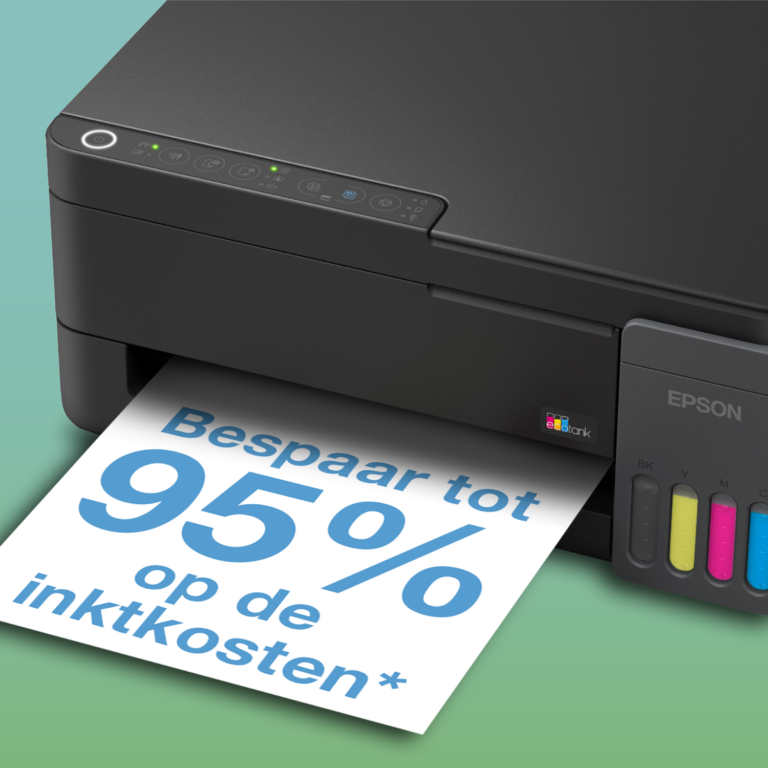 Een zwarte Epson EcoTank printer print een papier met blauwe tekst: 'Bespaar tot 95%'.