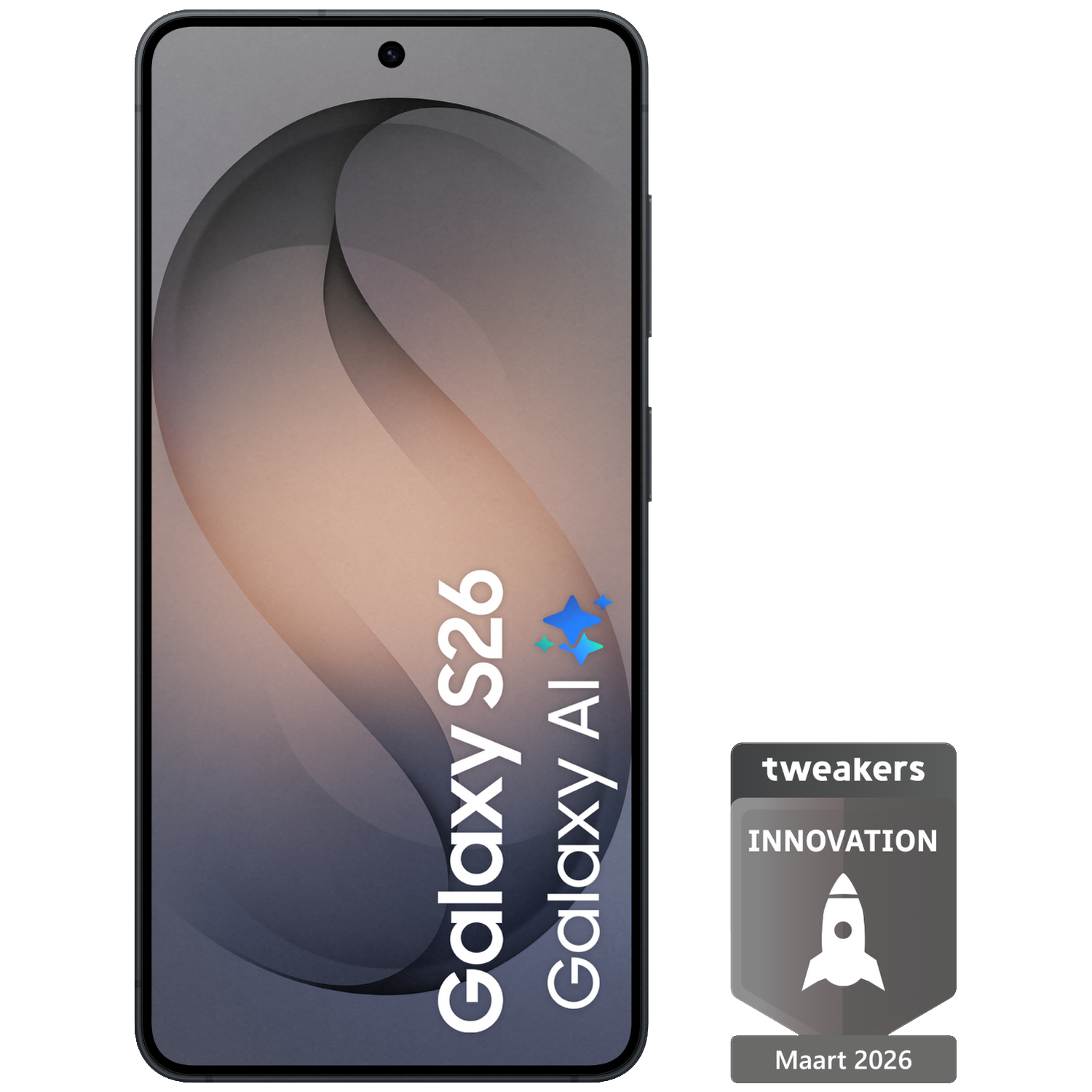 Een smartphone met Galaxy S26 Galaxy AI tekst en een Tweakers Innovatie badge.