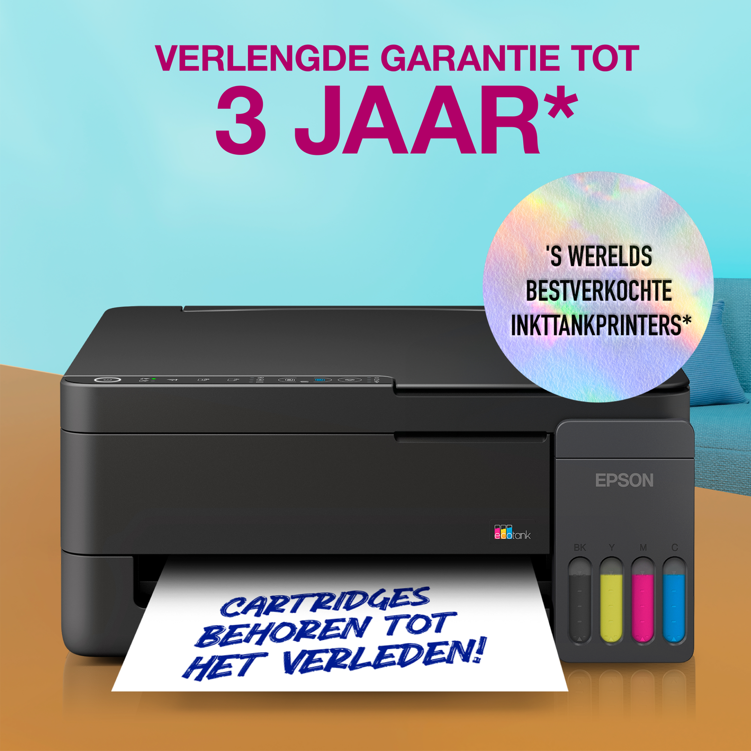 Zwarte Epson EcoTank printer met 3 jaar garantie en 's werelds bestverkochte inkt-tankprinters.