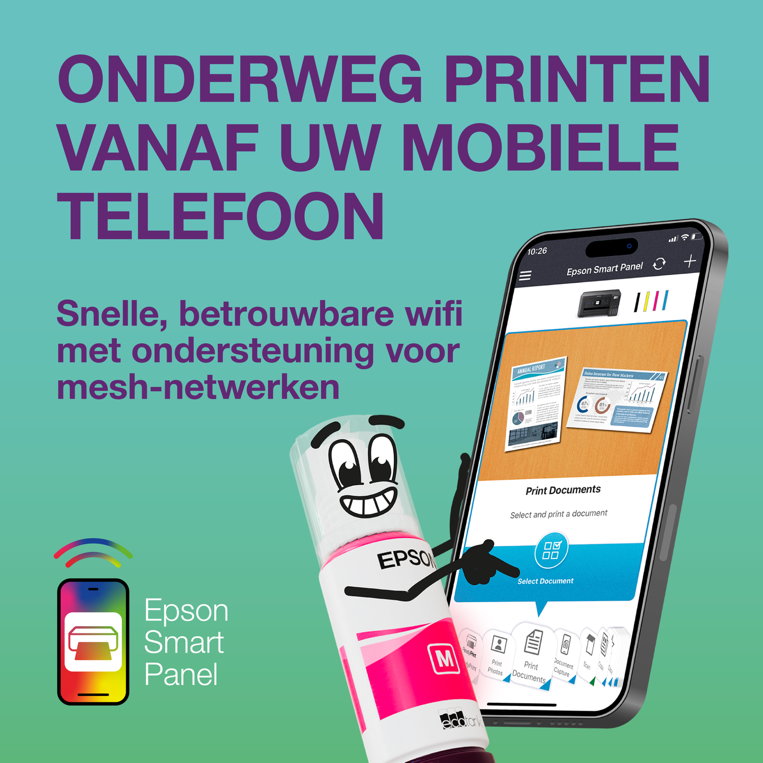 Een telefoon toont de Epson Smart Panel app met documenten. Een inktcartridge staat ernaast.