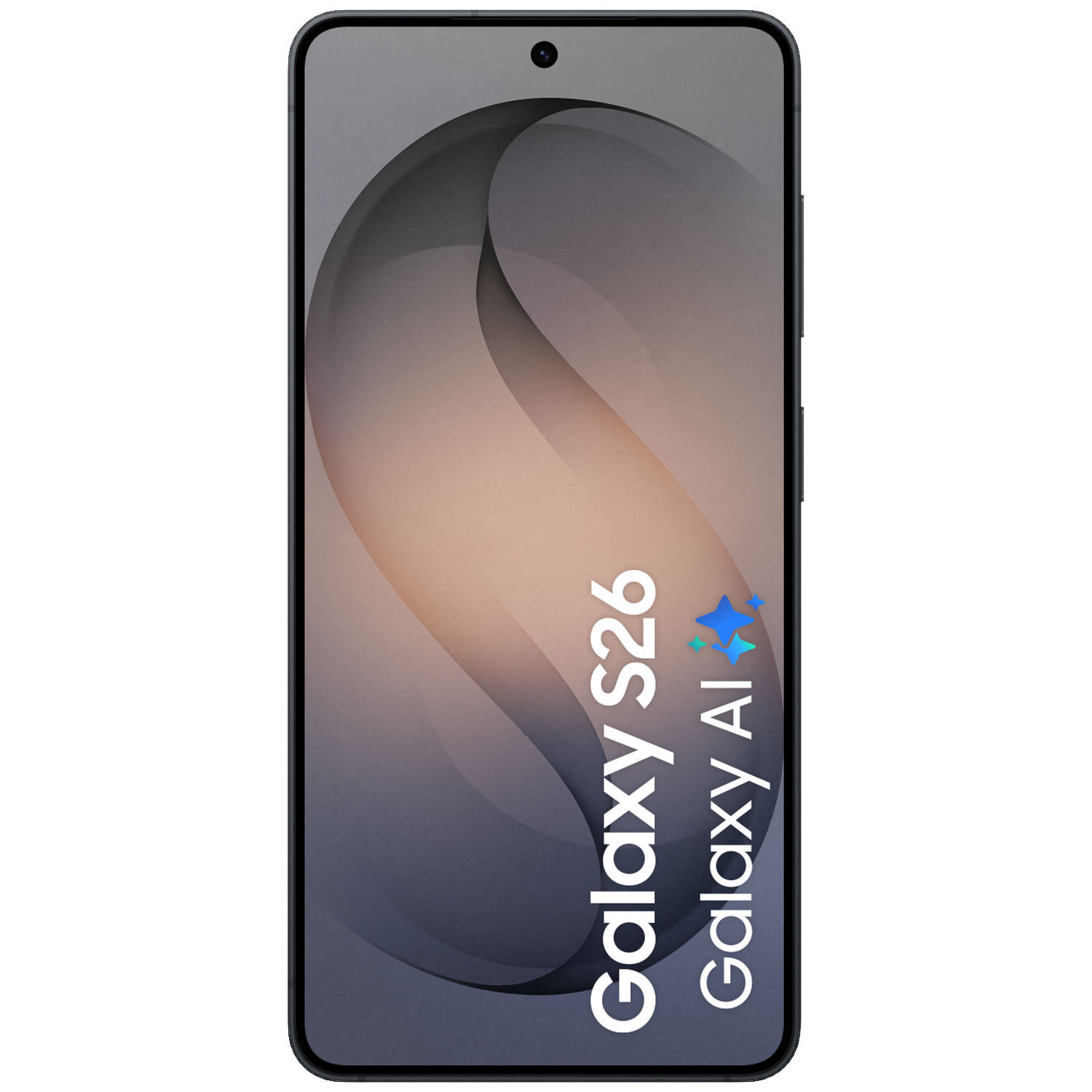 Een zwarte smartphone met "Galaxy S26 Galaxy AI" tekst en sterren.