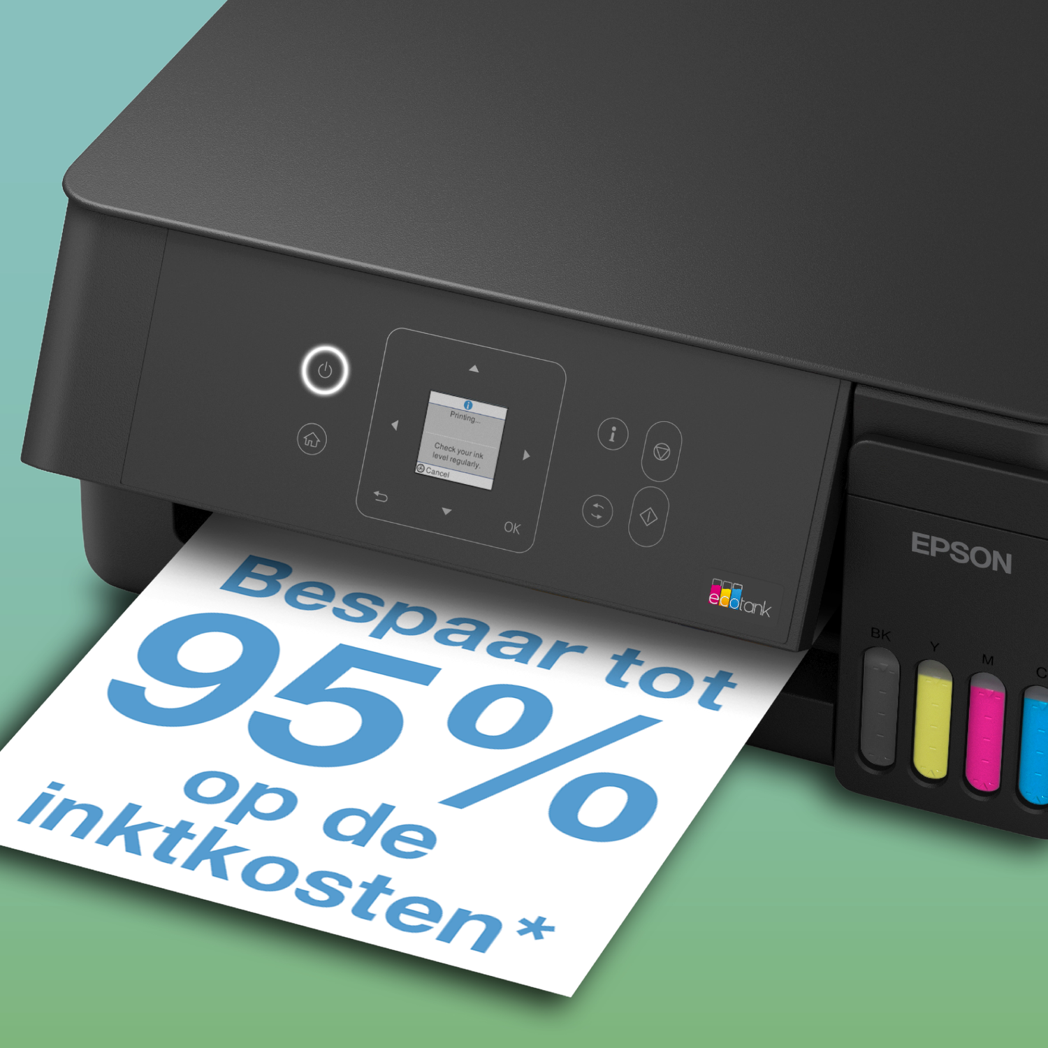 Een zwarte Epson printer print een blad met de tekst 'Bespaar tot 95% op de inktkosten'.