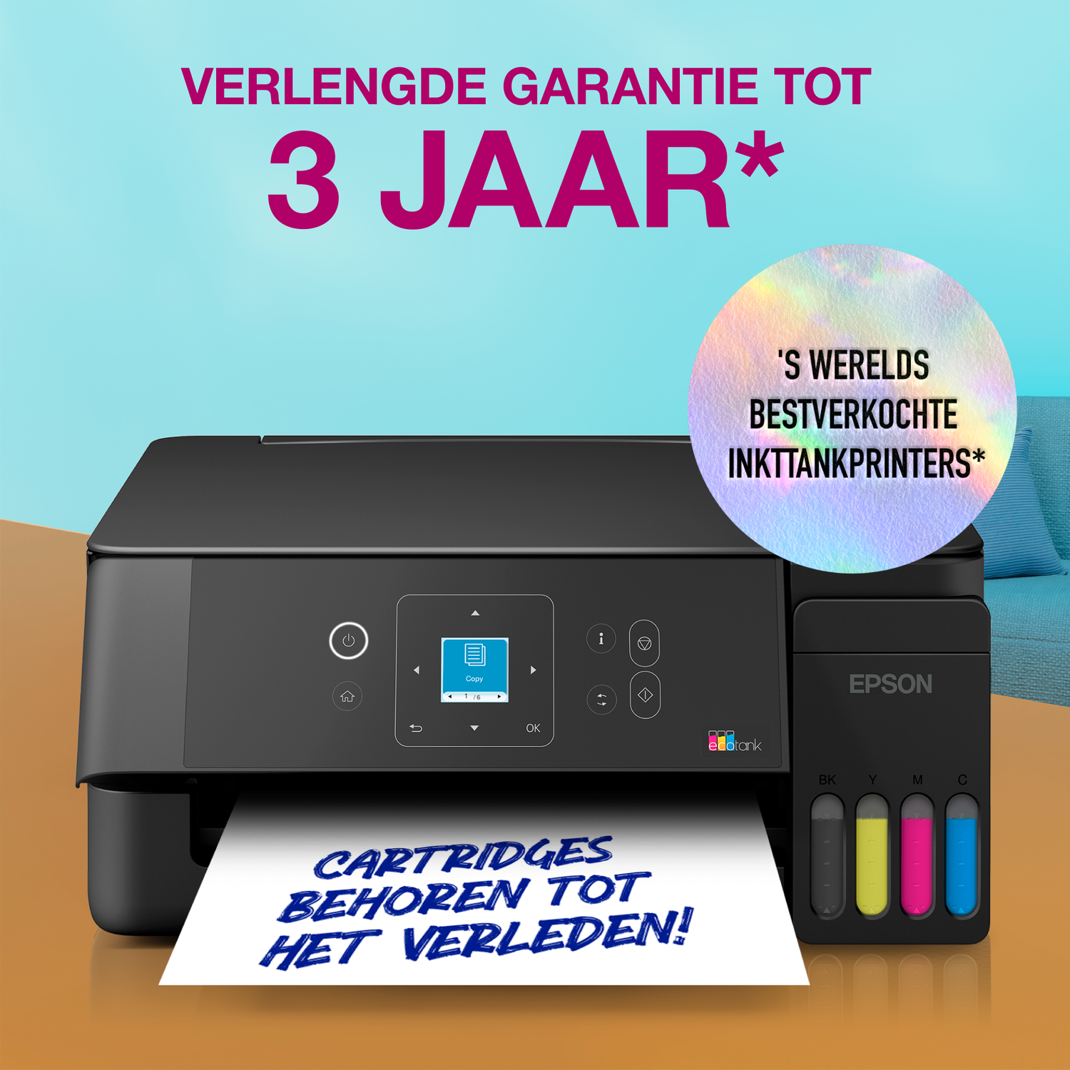 Zwarte Epson EcoTank printer met 3 jaar garantie en bestseller sticker.