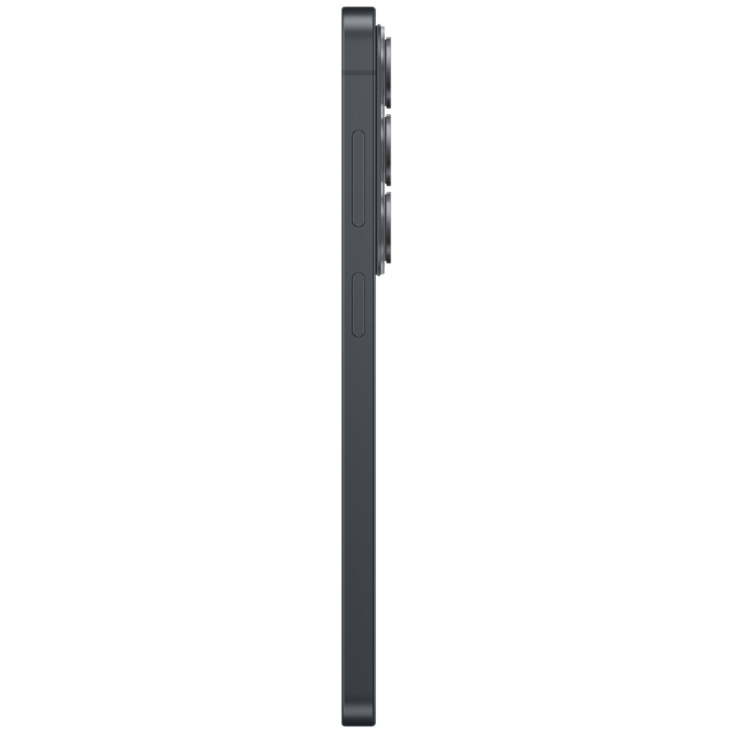 Donkergrijs smartphone in profiel met drie cameralenzen boven en volumeknoppen.