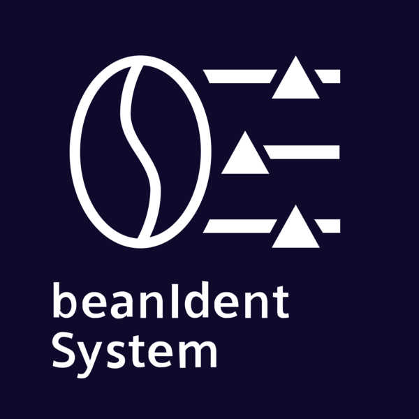 Kahve çekirdeği, üçgenler ve metin içeren logo: beanldent System.