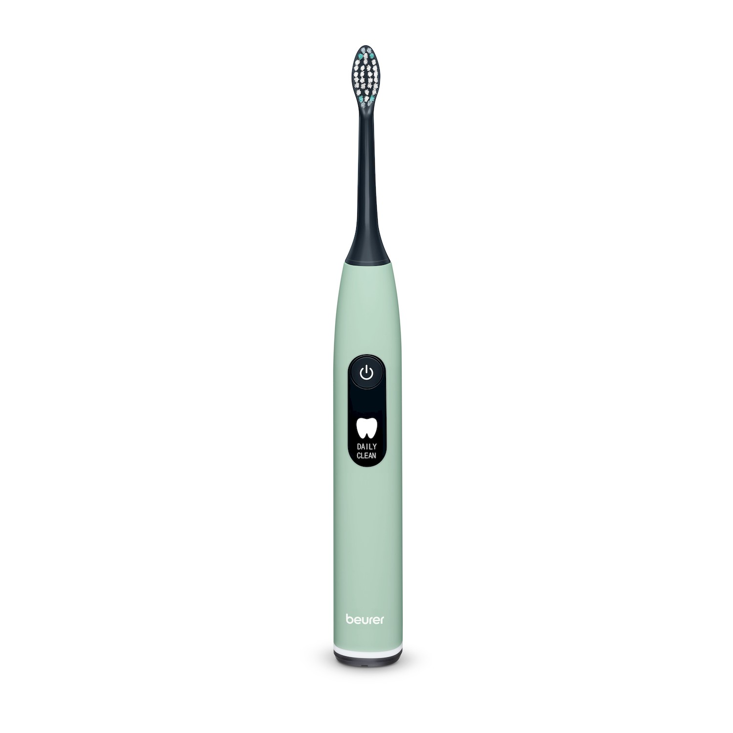 Uno spazzolino elettrico verde chiaro con testina scura e pulsante.