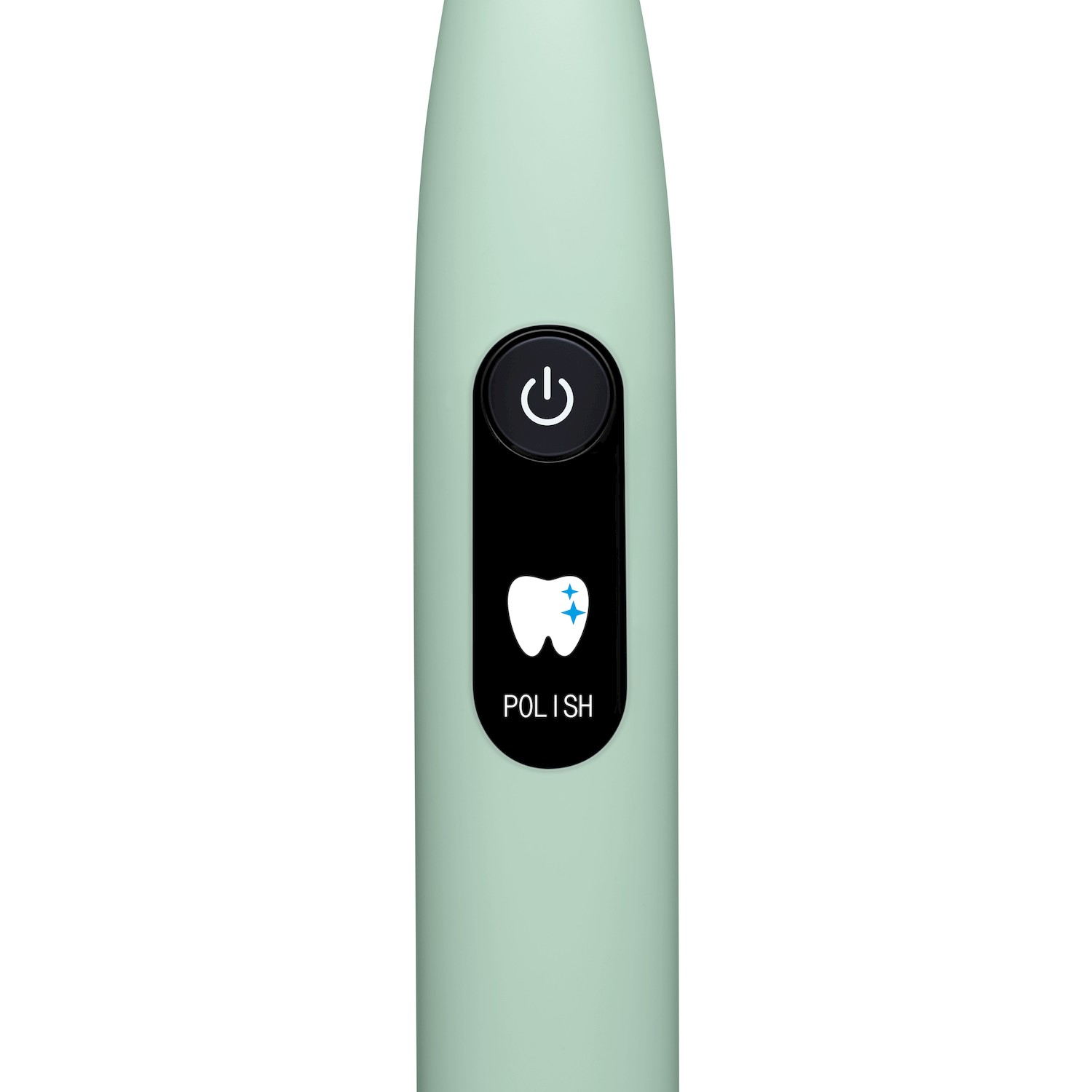 Una testina di spazzolino elettrico verde menta con pulsante di accensione e icona del dente.