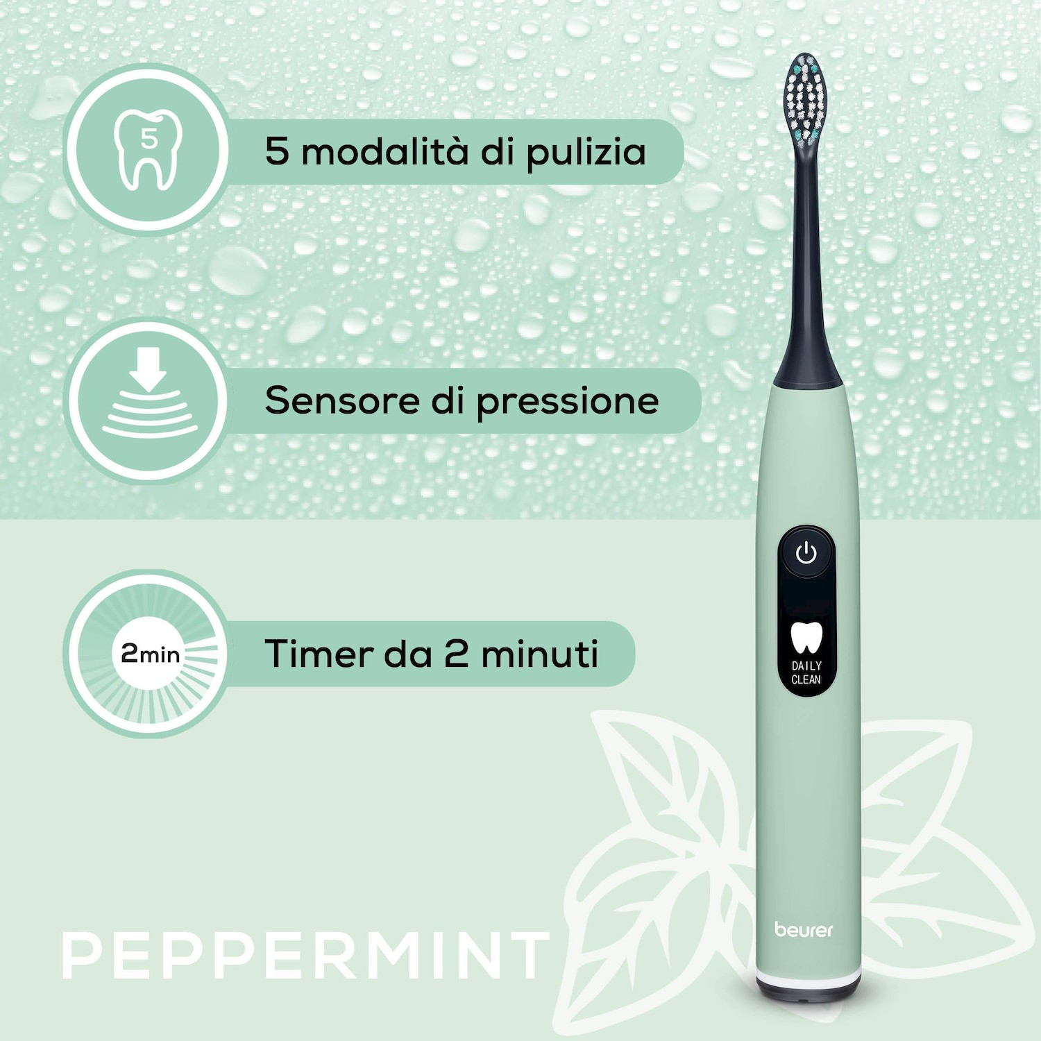 Spazzolino verde chiaro con testina nera, 5 modalità, sensore pressione e timer.