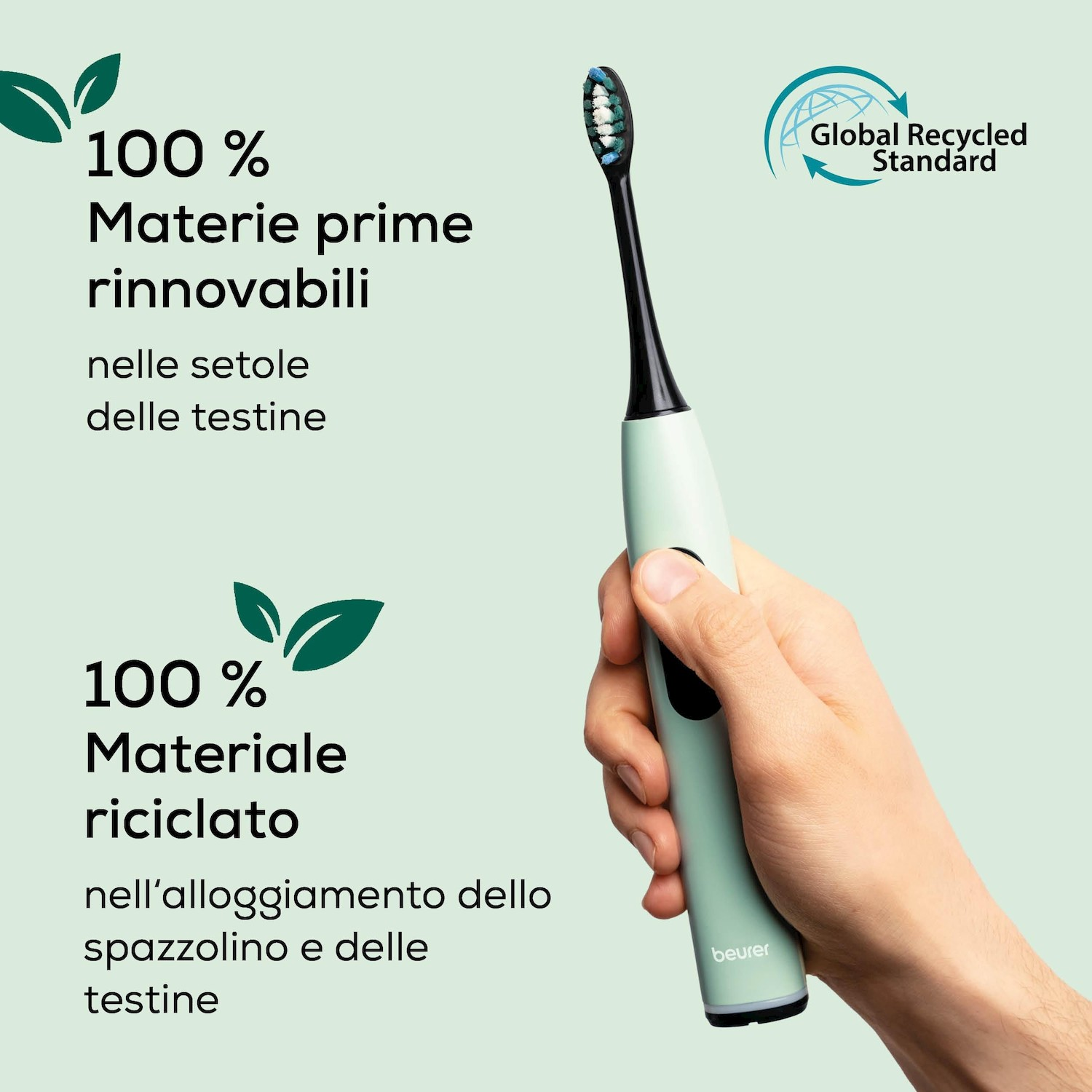 Una mano tiene uno spazzolino elettrico verde chiaro con collo e setole nere.
