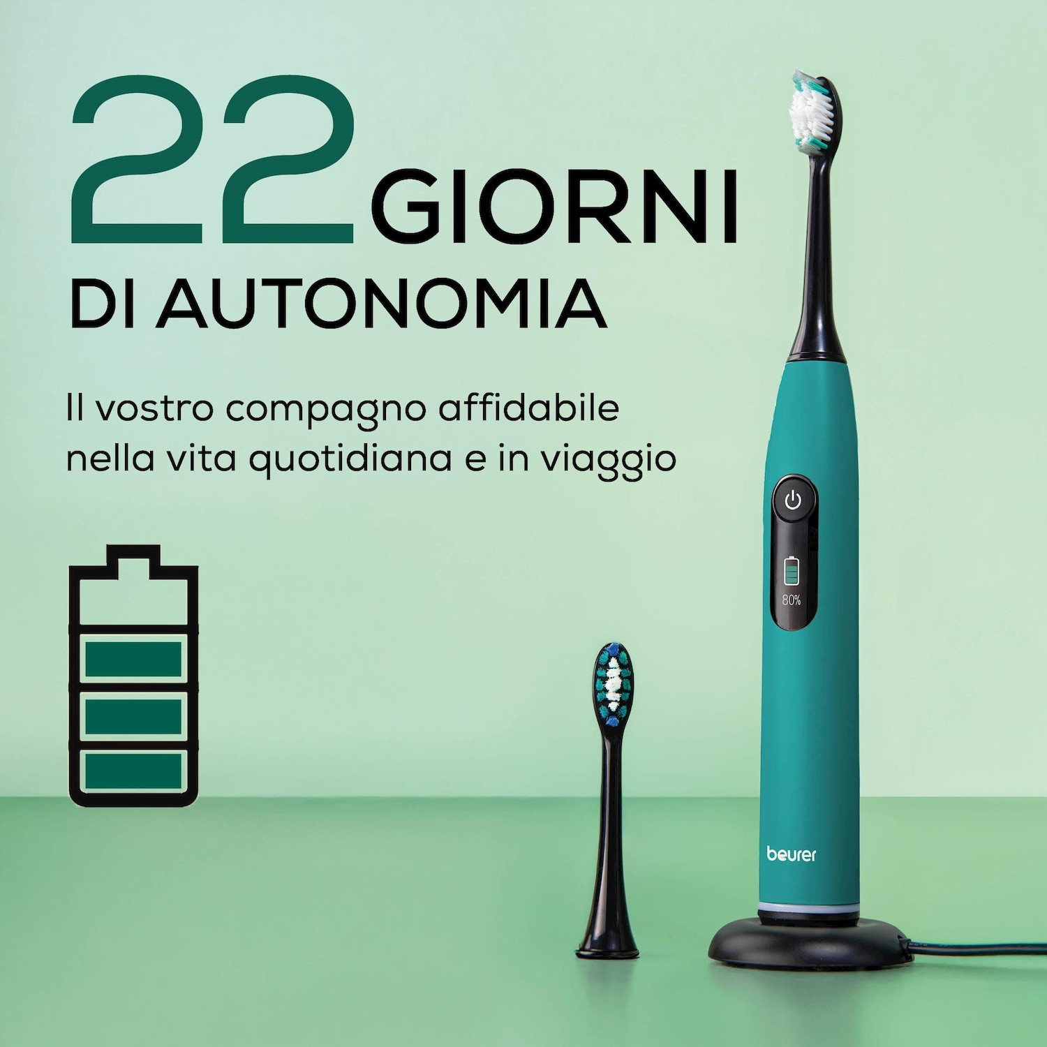 Uno spazzolino elettrico turchese con indicatore di carica e testina extra, accanto all'icona di una batteria.