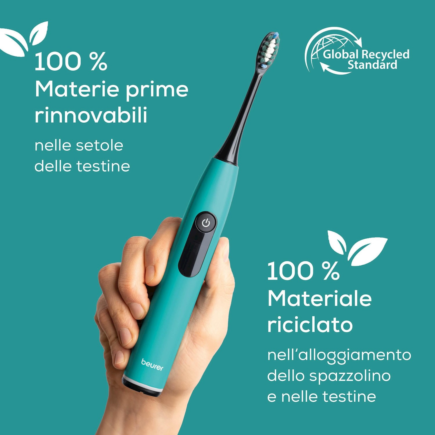 Uno spazzolino elettrico turchese tenuto in mano. Presenta il logo GRS.