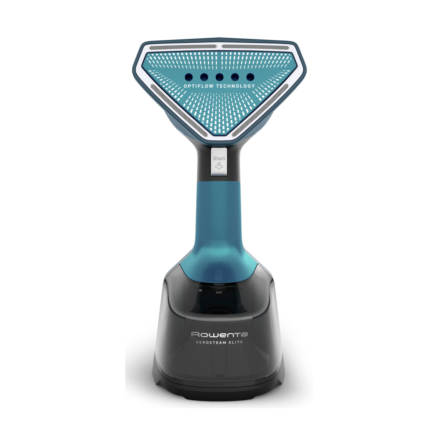 Un vaporizzatore per abiti Rowenta Aerosteam Elite blu e nero con tecnologia OptiFlow.