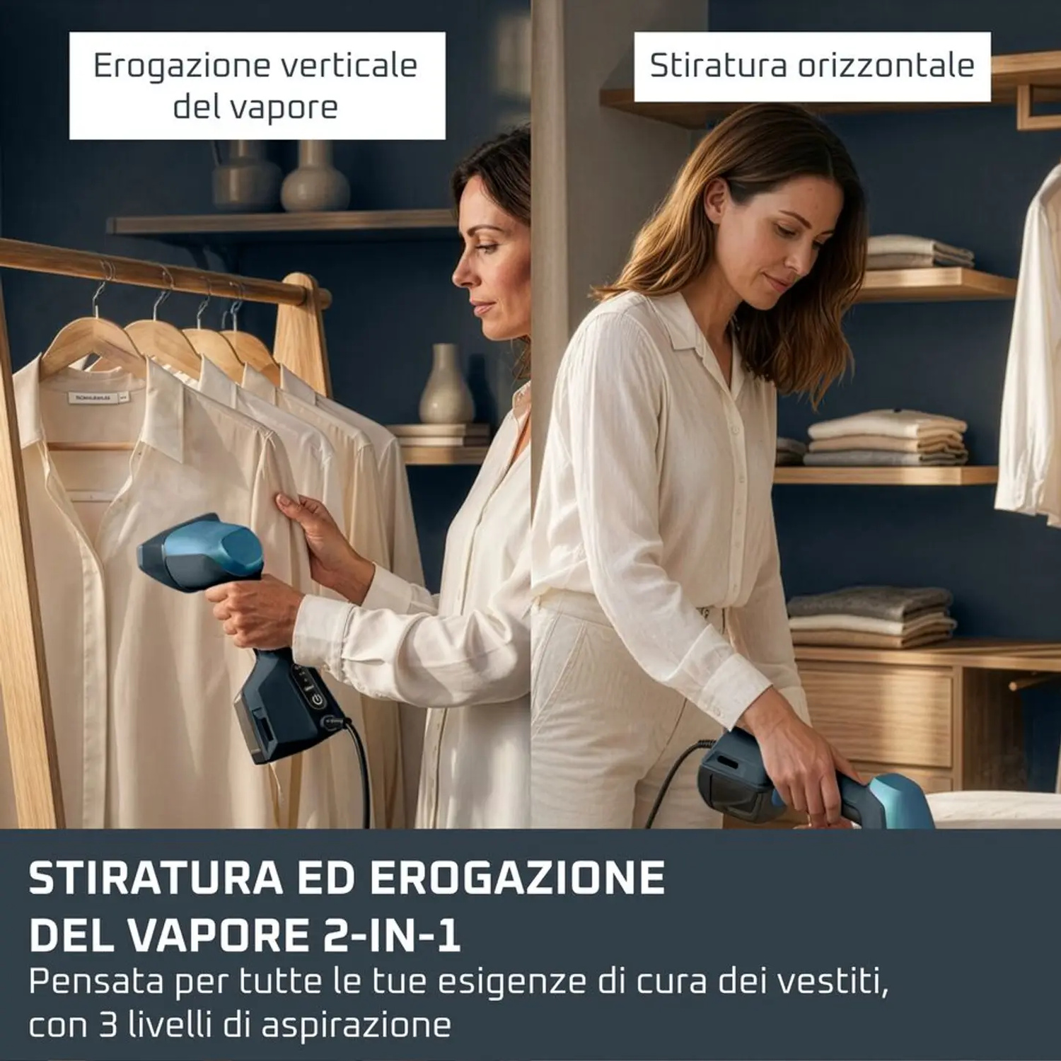 Donne che stirano e vaporizzano vestiti verticalmente e orizzontalmente.