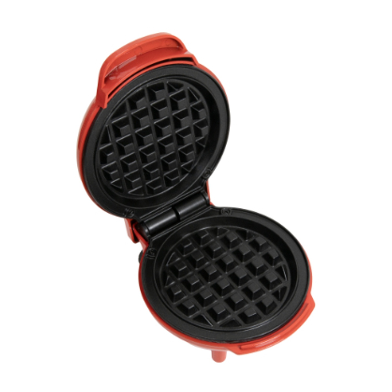 Una piastra per waffle rossa con piastre riscaldanti aperte e rivestimento antiaderente nero.