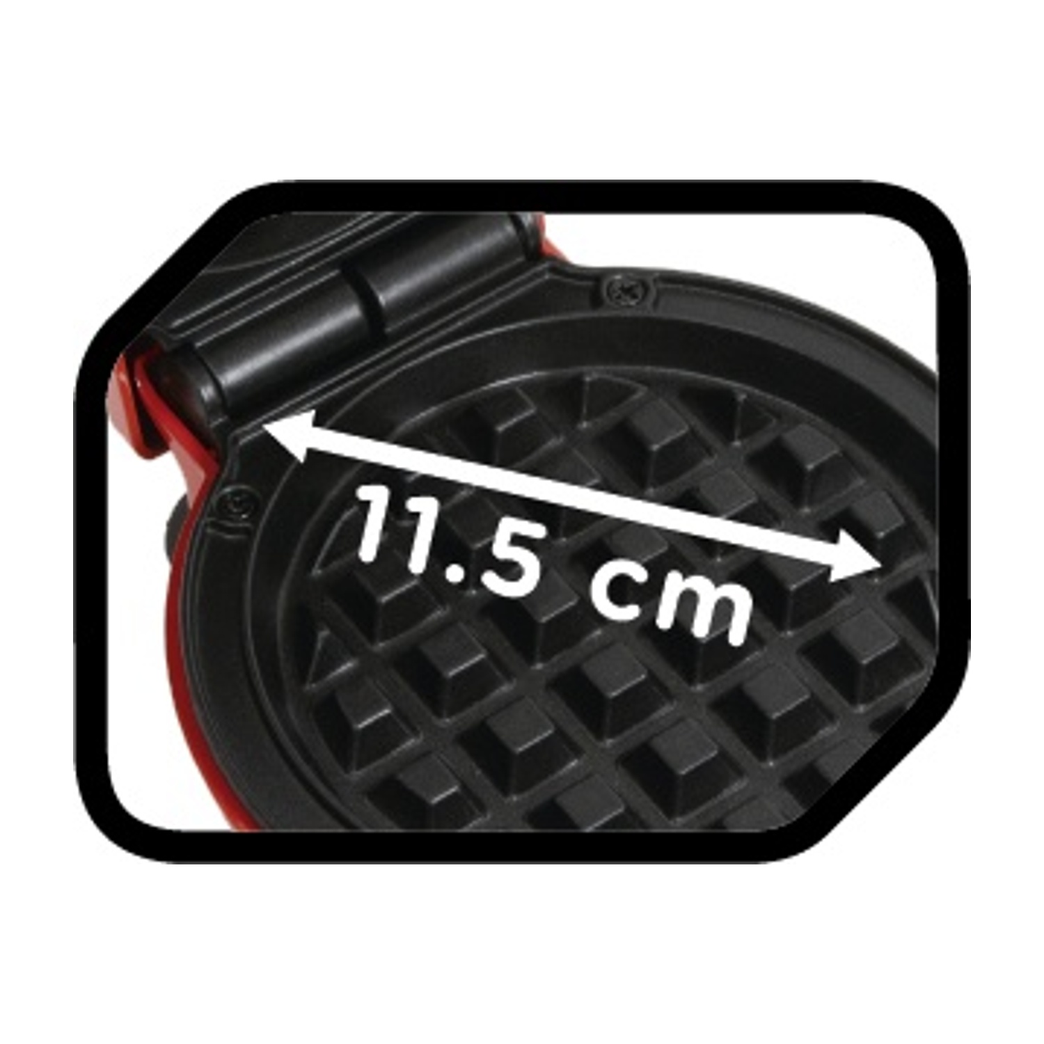 Una piastra per waffle rossa mostra la misura di 11,5 cm.