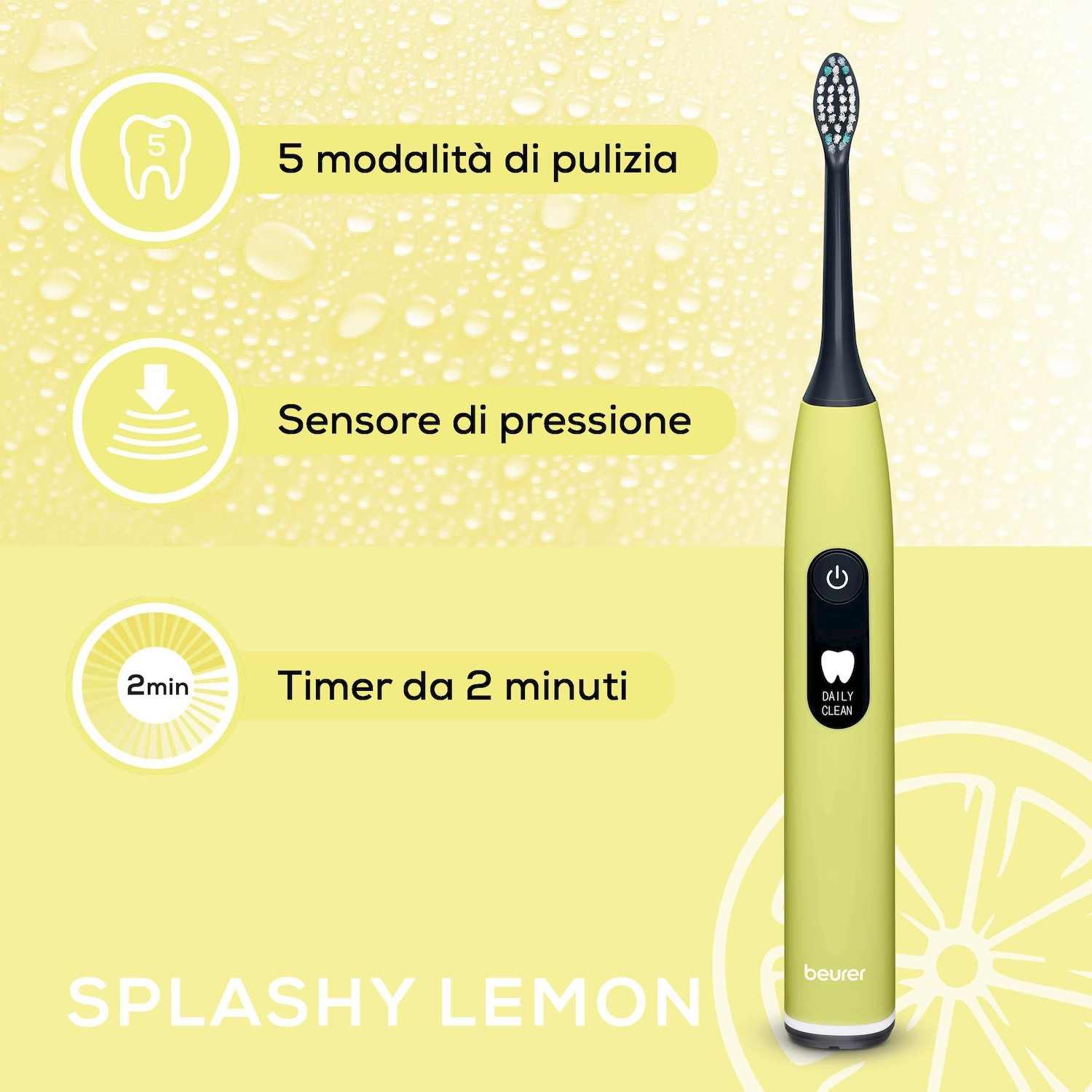 Spazzolino elettrico verde chiaro con 5 modalità, sensore di pressione e timer 2 min.