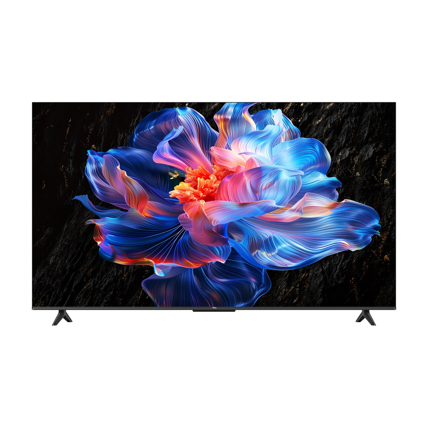 Una TV moderna mostra un'immagine astratta simile a un fiore nei toni del blu, rosa e arancione.