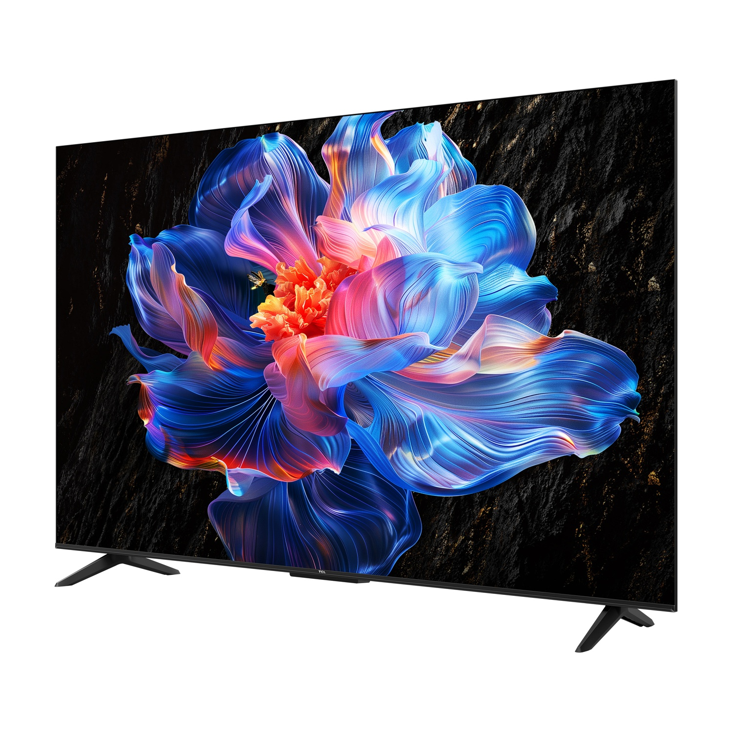 Una TV moderna mostra un'immagine floreale astratta e vibrante con sfumature blu, rosa e arancioni.