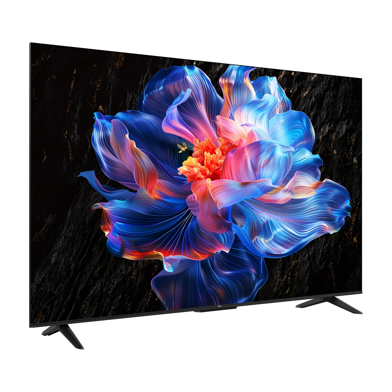 Una TV moderna mostra un'immagine floreale astratta nei toni blu, rossi e viola.
