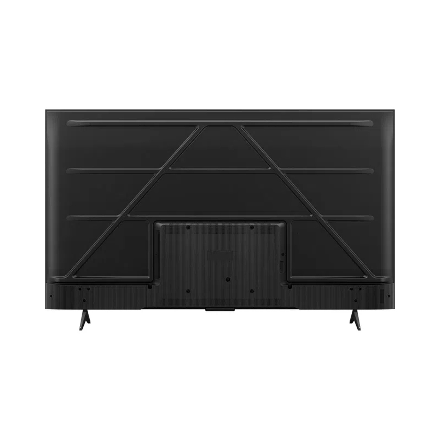 Retro di una TV nera con pannello scanalato e gambe di supporto. Sfondo bianco.