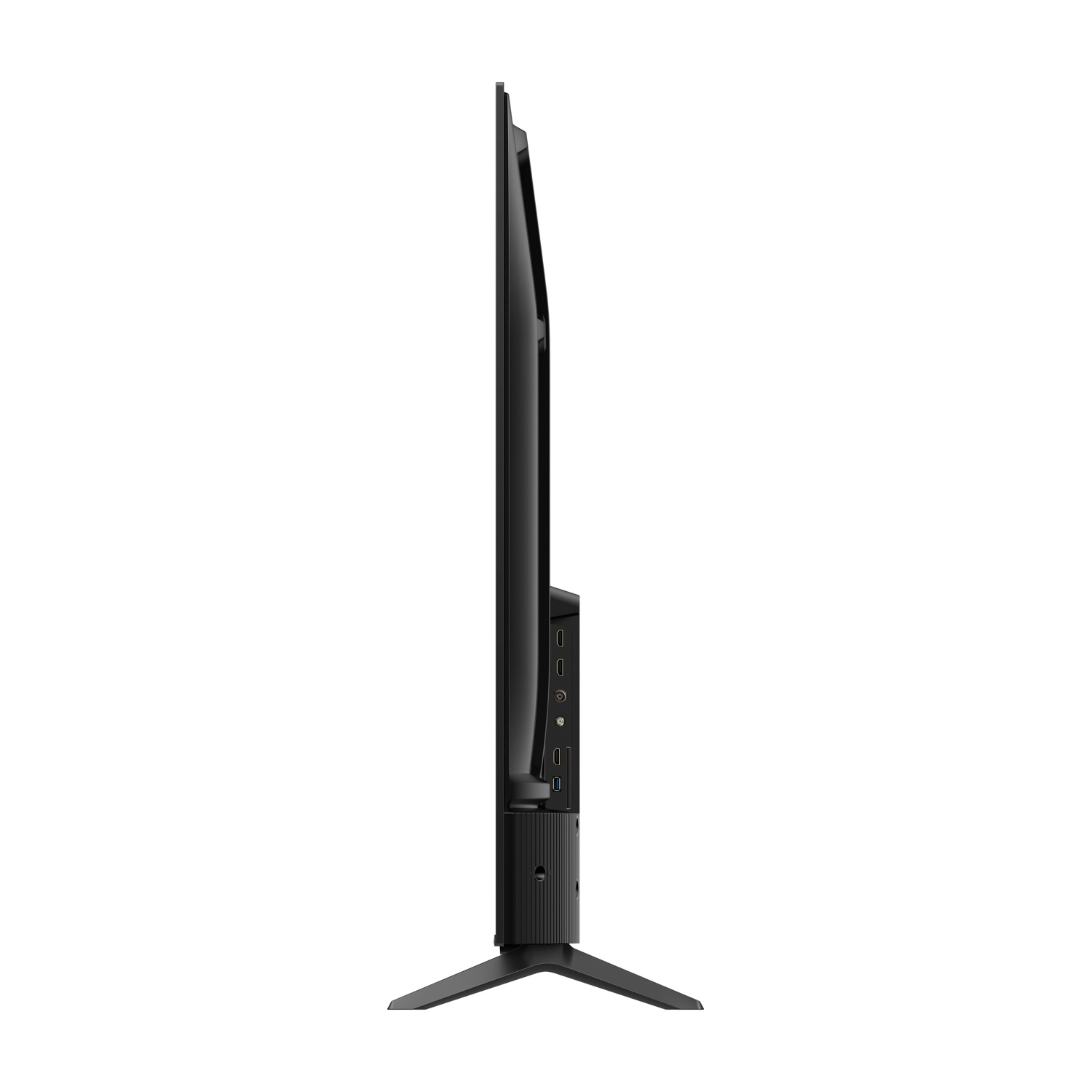 TV nero a schermo piatto con cornice sottile su supporto, visto di lato.