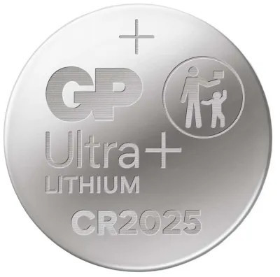 Bateria guzikowa GP Ultra+ Lithium CR2025 z ikoną ostrzegawczą przed dziećmi.