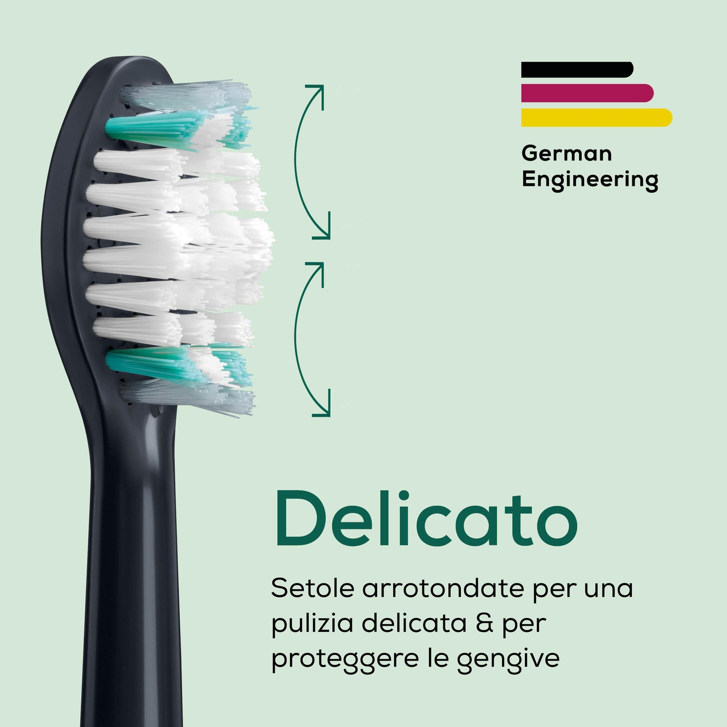 Testina di spazzolino nera con setole bianche e turchesi, con ingegneria tedesca.