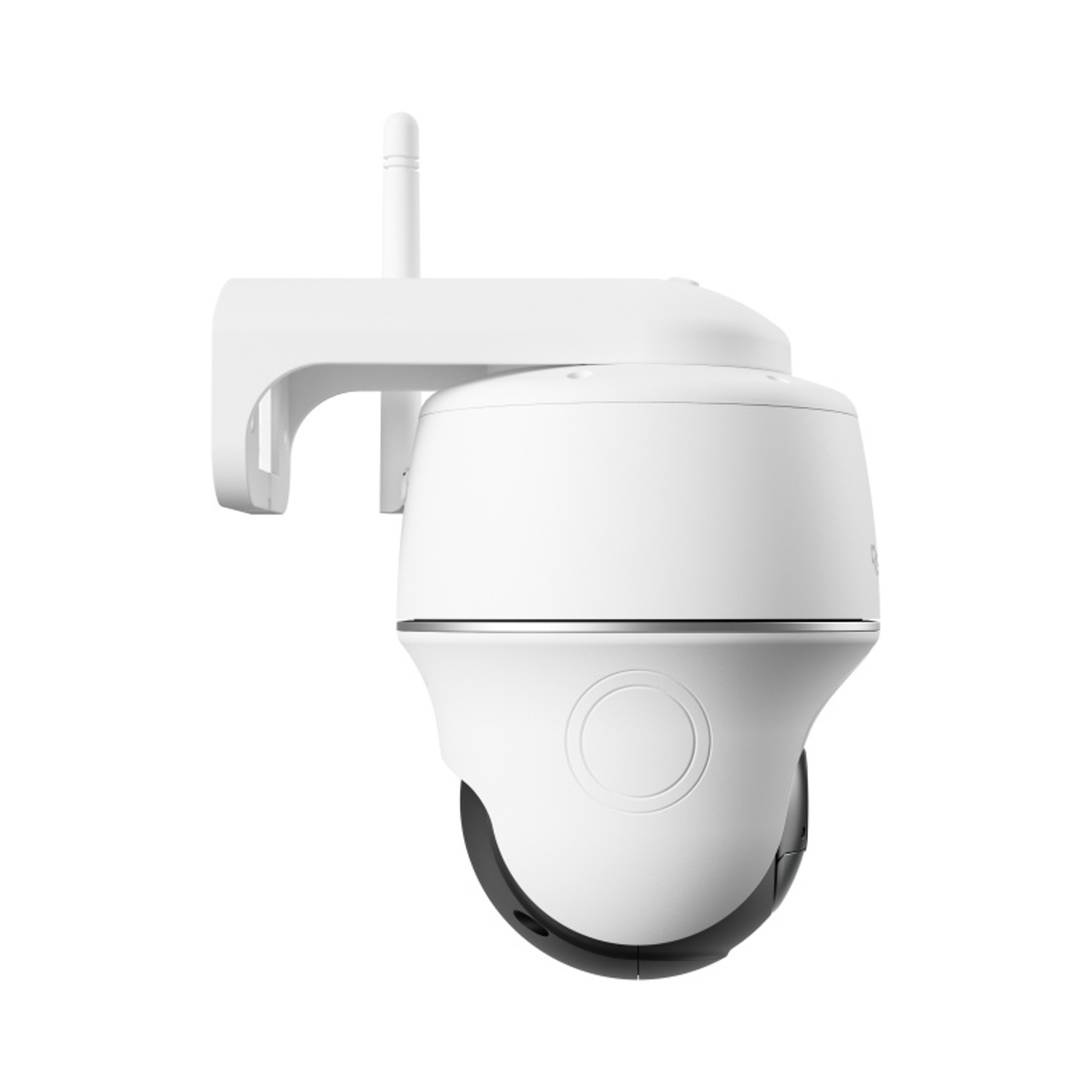 Una telecamera di sicurezza bianca con antenna, isolata su sfondo bianco.