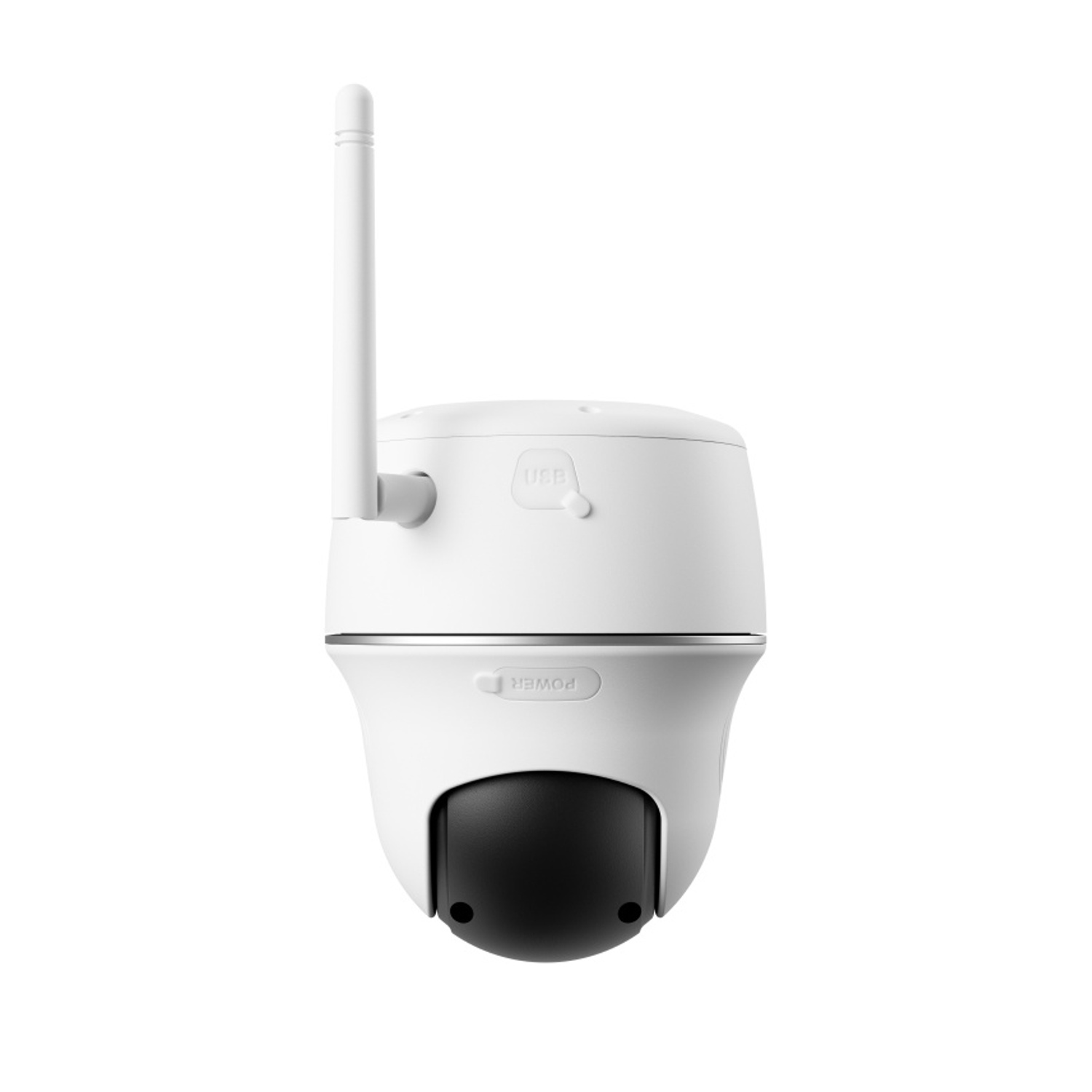 Telecamera di sicurezza bianca con antenna e obiettivo nero.