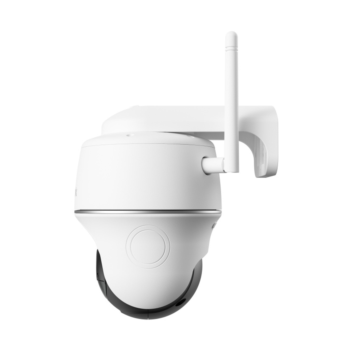 Telecamera di sicurezza bianca con antenna e staffa a muro su sfondo bianco.