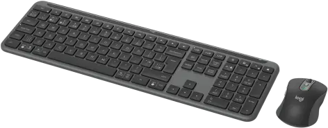 Egy szürke vezeték nélküli Logitech billentyűzet és egér fekete háttér előtt.