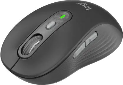Egy szürke Logitech számítógépes egér görgővel és oldalsó gombokkal fekete háttér előtt.