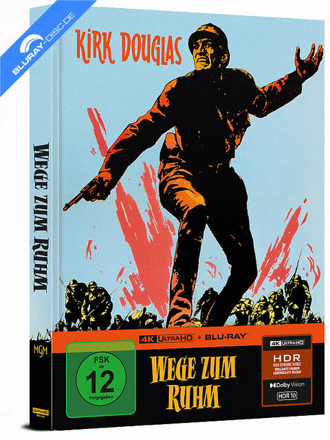 Blu-ray-Cover von Wege zum Ruhm mit Kirk Douglas und einer Waffe vor blauem Hintergrund.