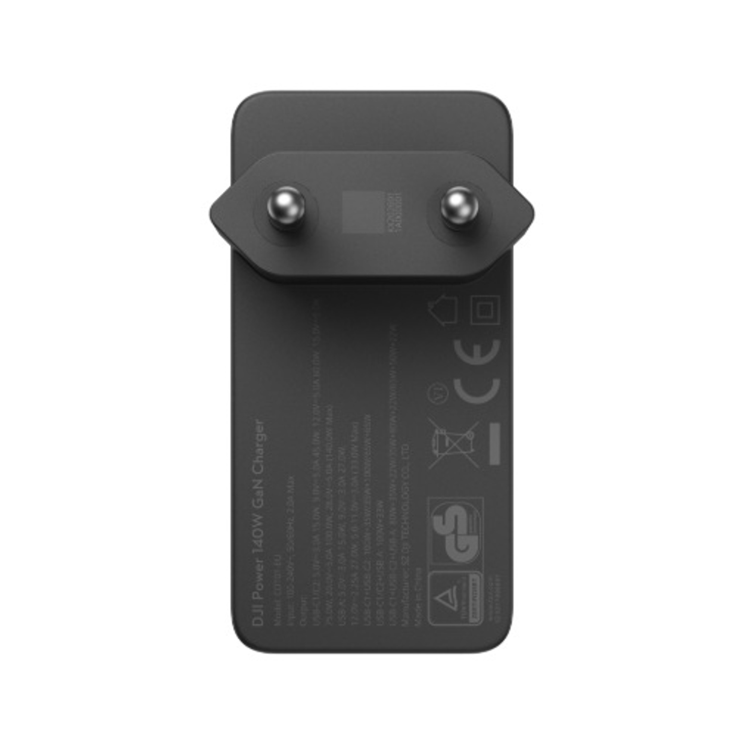 Un caricabatterie nero DJI Power 140W GaN con spinotti UE e testo tecnico stampato.