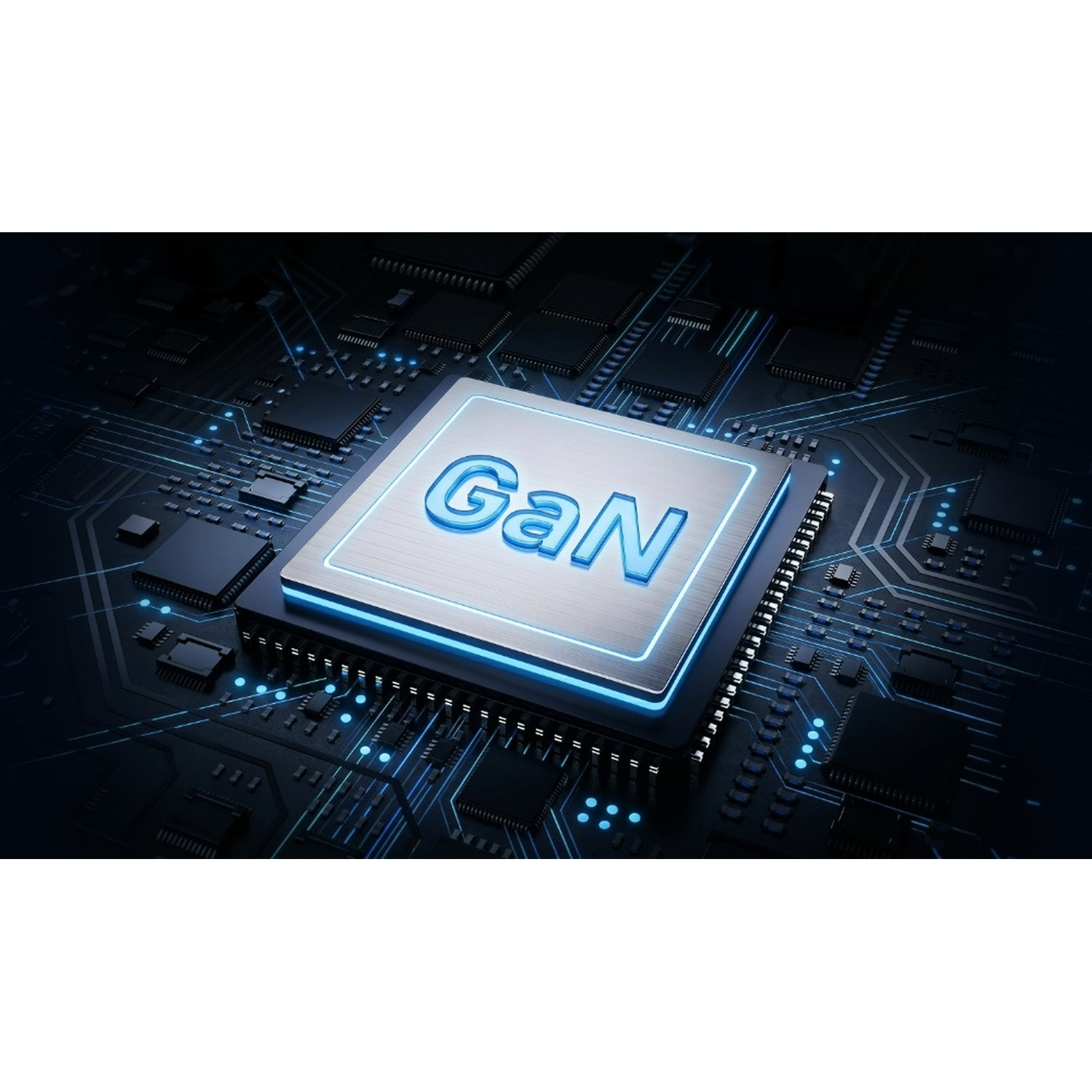 Un microchip centrale con lettere blu luminose GaN su un circuito stampato scuro con linee blu.