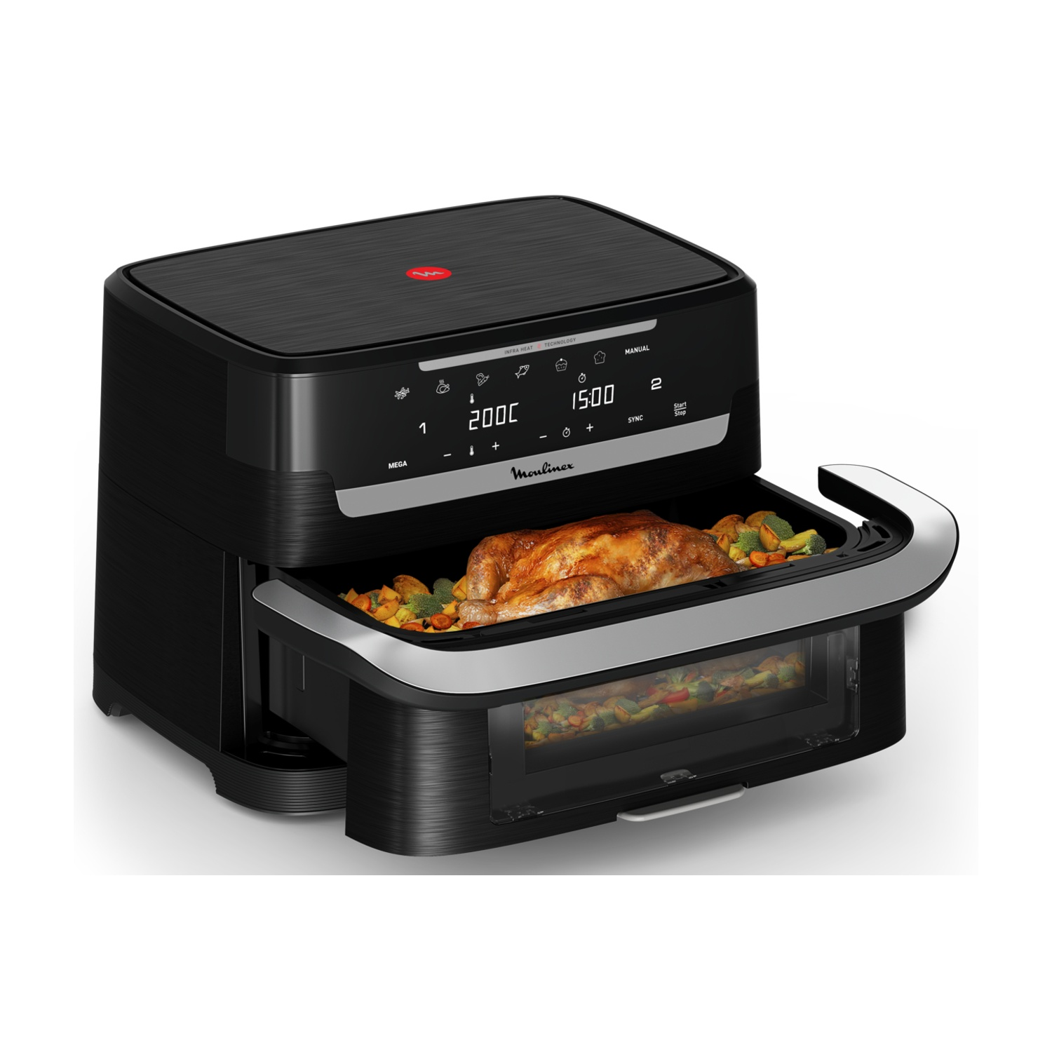 Friggitrice ad aria Moulinex nera con cassetto aperto pieno di pollo arrosto e verdure.