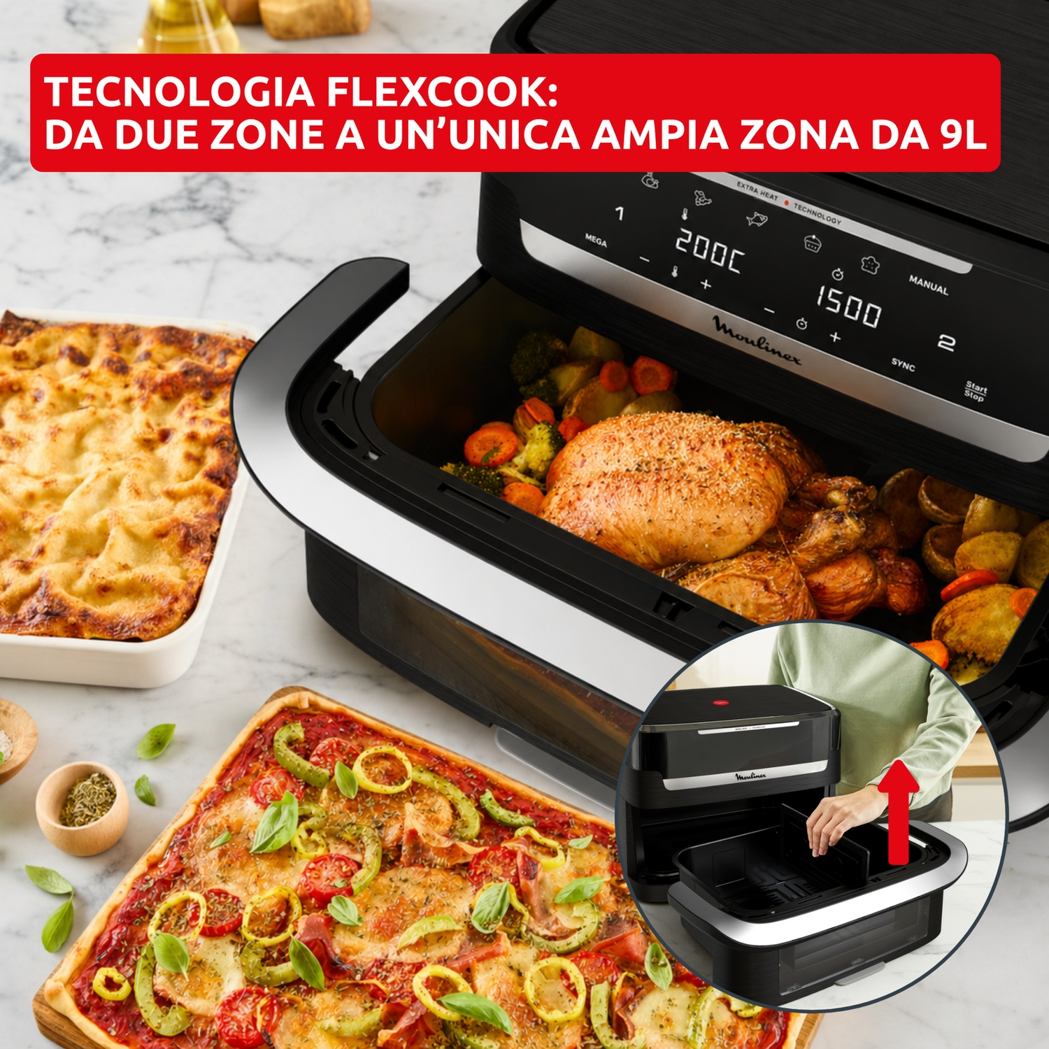 Una friggitrice ad aria con pollo e verdure, accanto a pizza e lasagna.