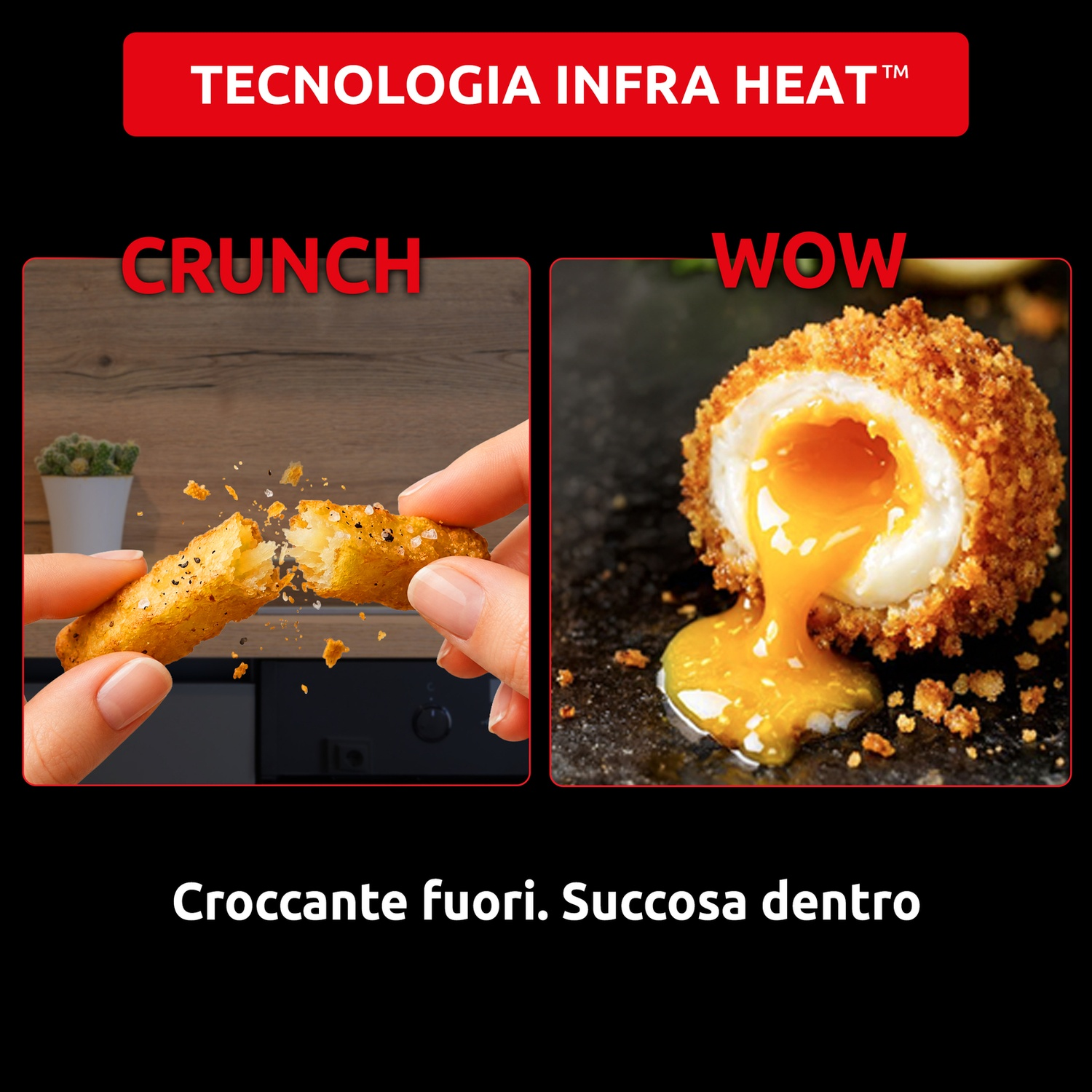 Confronto di cibi fritti con uno snack croccante che si spezza e un uovo barzotto dal tuorlo colante.