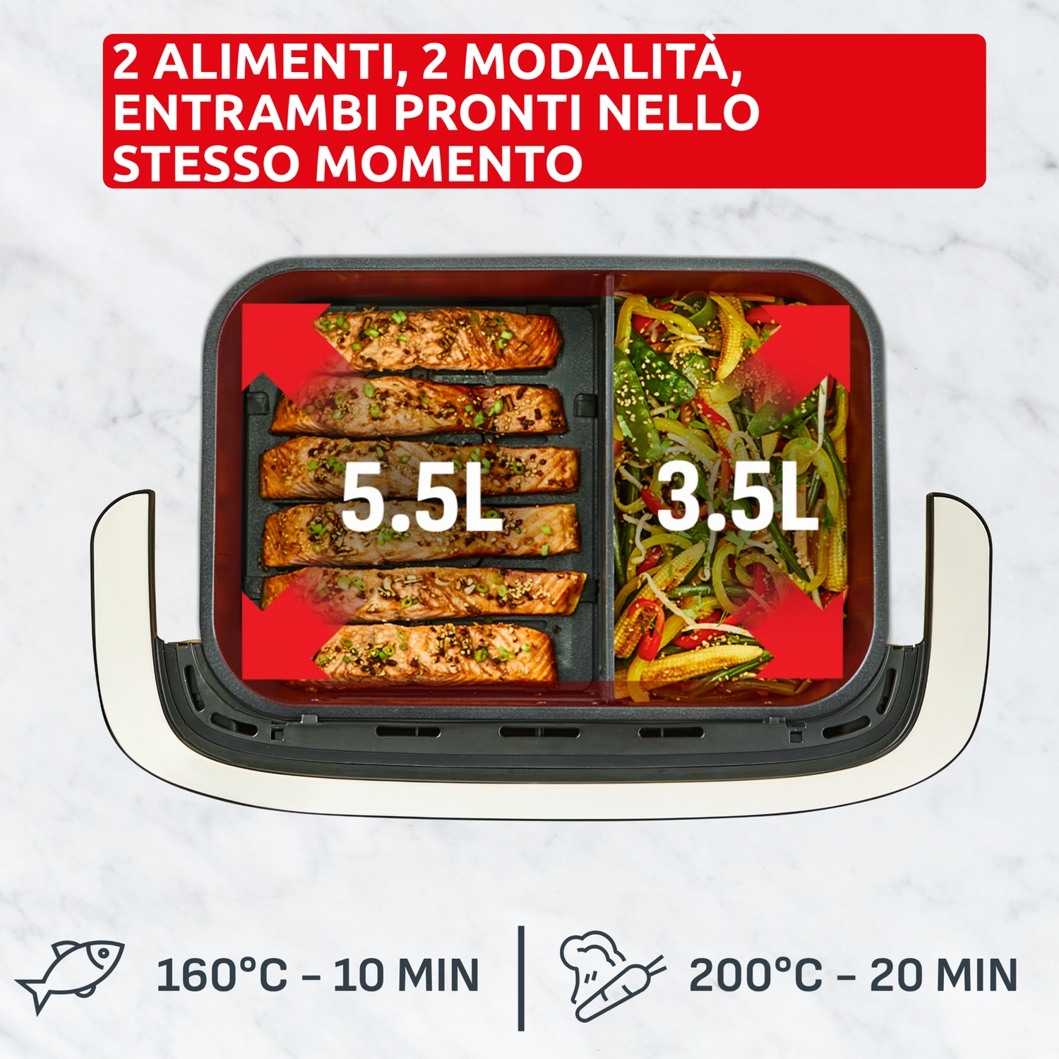 Friggitrice ad aria a doppia vasca con salmone e verdure, 5,5L e 3,5L.