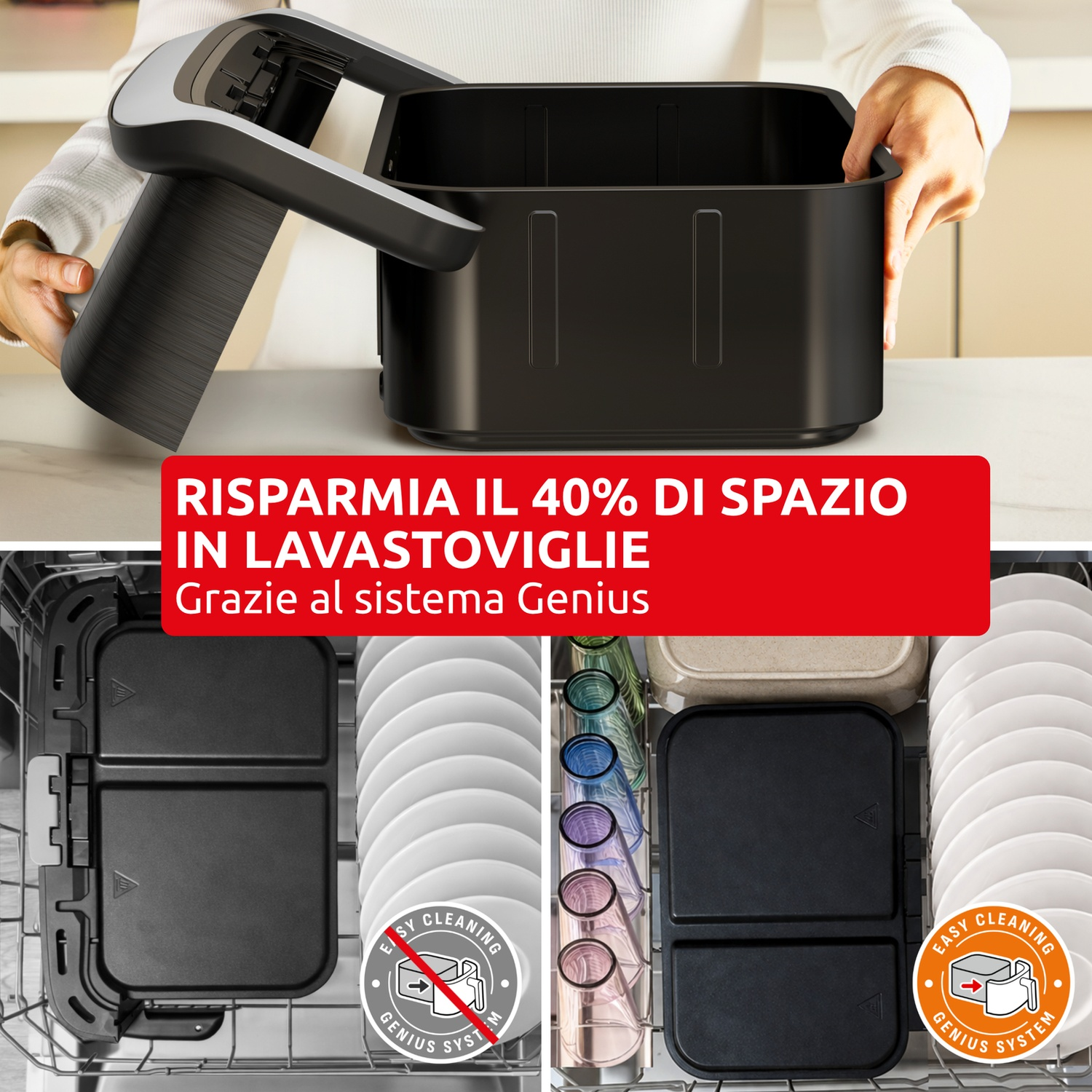 Una persona apre un contenitore nero sopra una lavastoviglie con stoviglie.